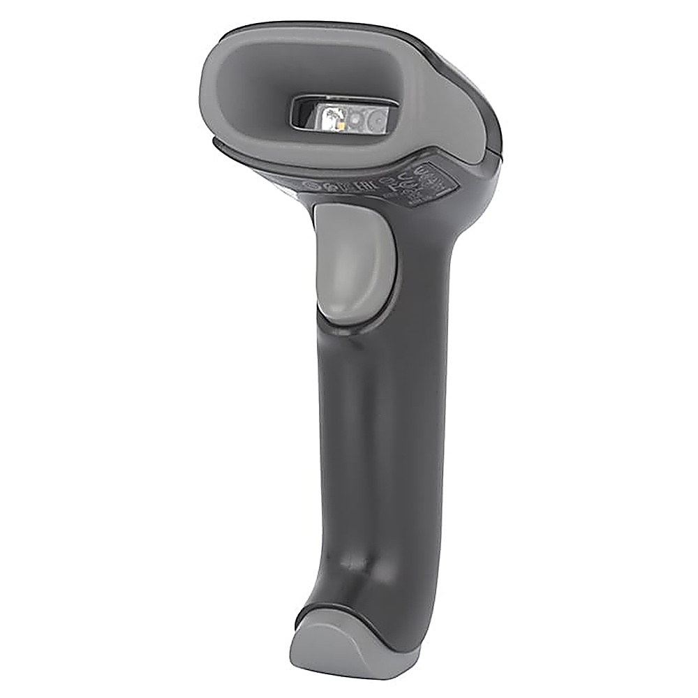 Uno scanner di codici a barre portatile con testa e impugnatura grigie. Un pulsante grigio è sull'impugnatura. È su sfondo bianco.