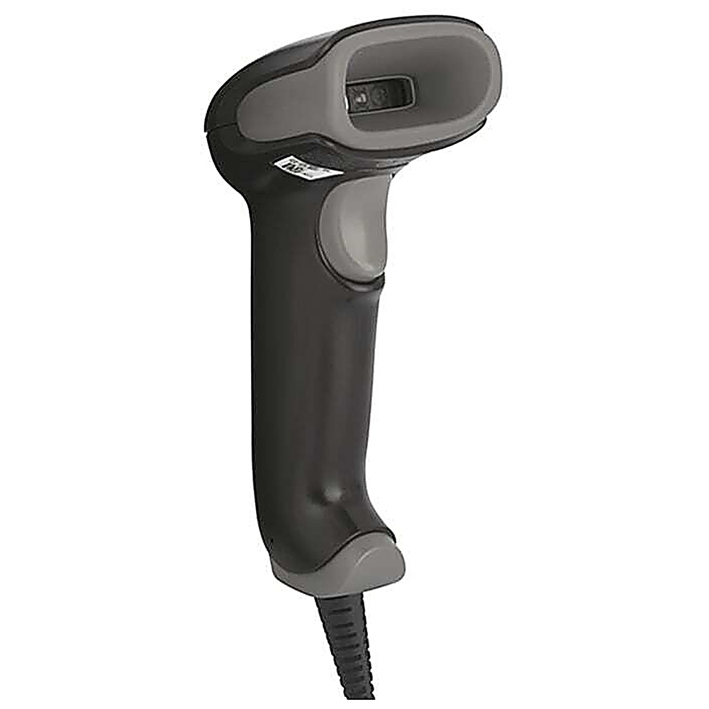 Uno scanner di codici a barre nero e grigio. Lo scanner ha un'impugnatura e una testina di scansione. Un cavo si estende dall'impugnatura.