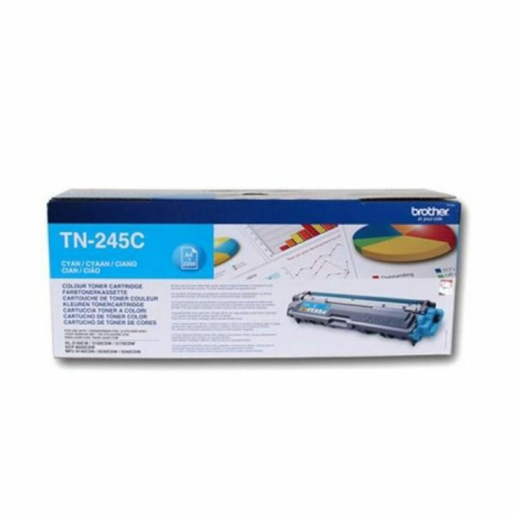 Eine Brother TN-245C Cyan-Tonerpatronenbox. Sie hat den Produktnamen, ein Bild der Tonerpatrone und Diagramme. Das Brother-Logo ist sichtbar.