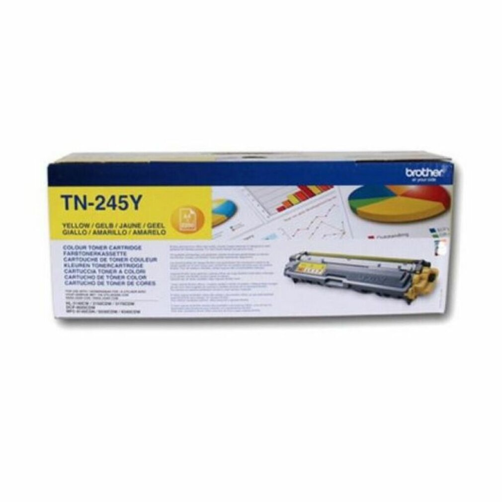Eine Brother TN-245Y gelbe Tonerkartuschenbox. Sie enthält die Patrone selbst und hat Diagramme und Schaubilder auf der Oberfläche.