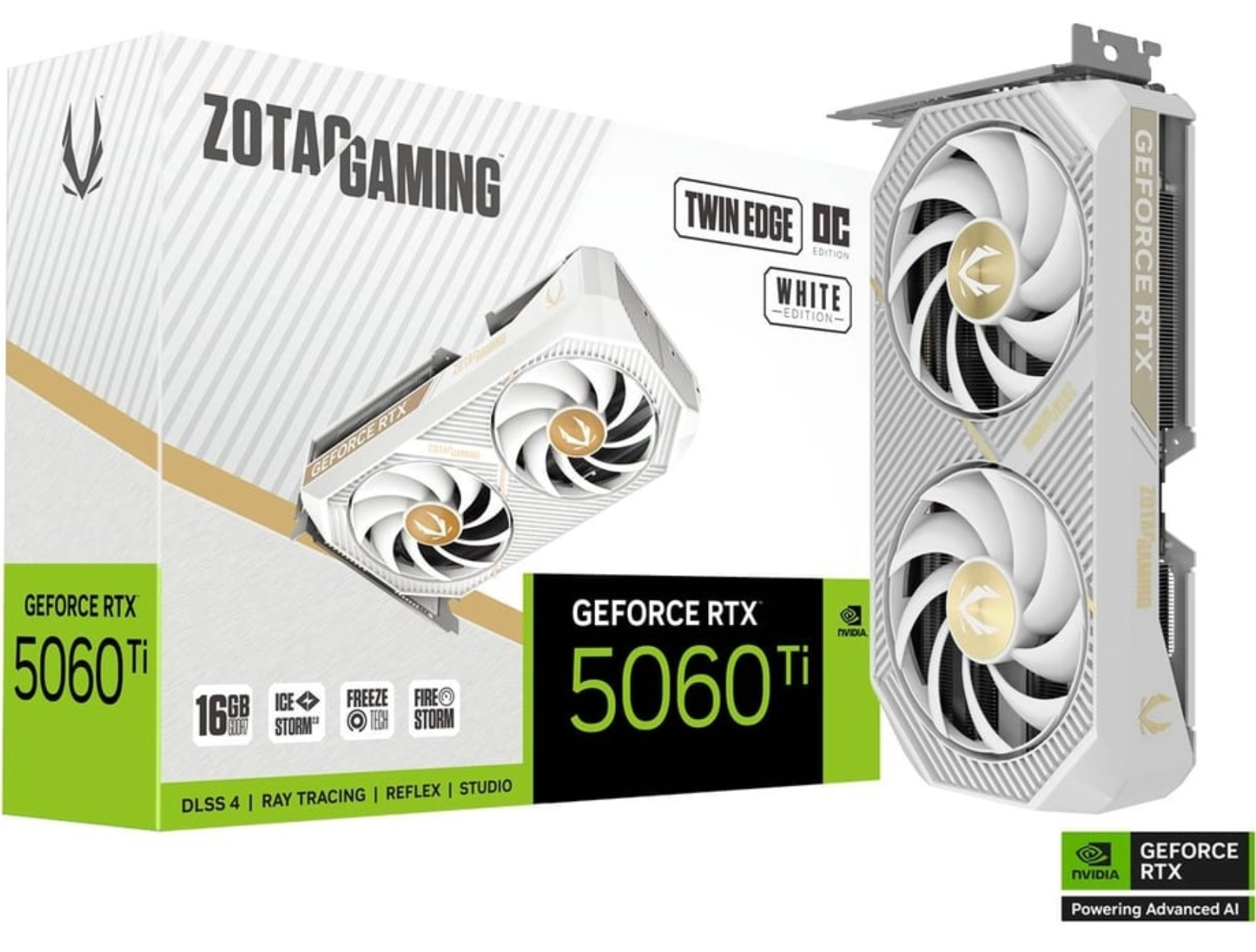 Biała karta graficzna ZOTAC GAMING GeForce RTX 5060 Ti z pudełkiem. Posiada wentylatory i logo NVIDIA.