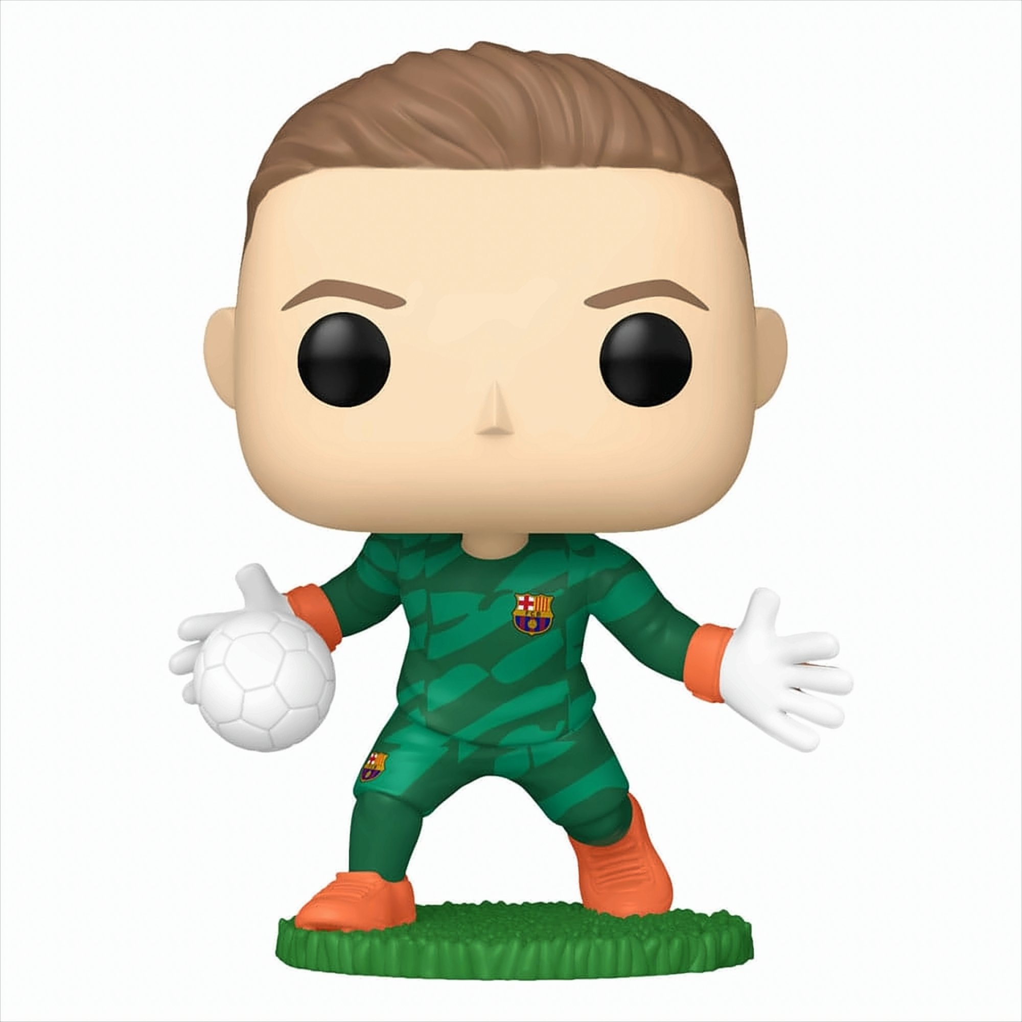 Una figura Funko Pop de un portero de fútbol con uniforme verde sosteniendo un balón.