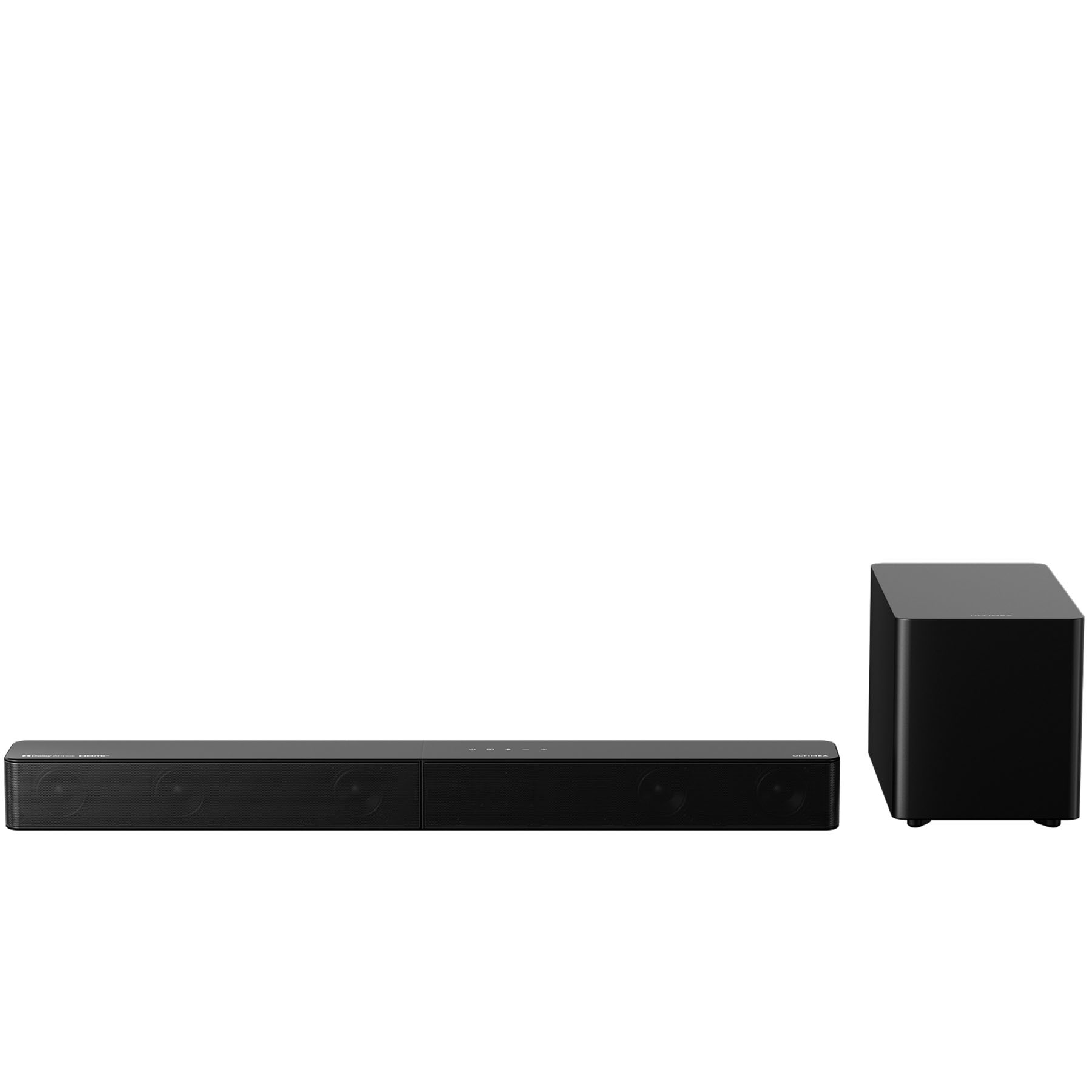 Une barre de son et un caisson de basses noirs sur fond blanc. La barre de son est longue et rectangulaire, avec des haut-parleurs. Le caisson est un cube.