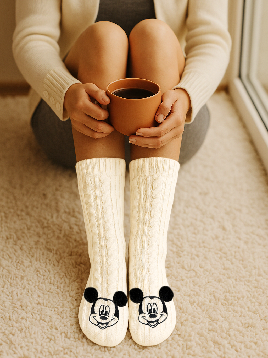 Person sitzt und hält einen braunen Becher. Trägt cremefarbene Socken mit Micky-Maus-Gesichtern. Beiger Teppich im Vordergrund und weißer Fensterrahmen.