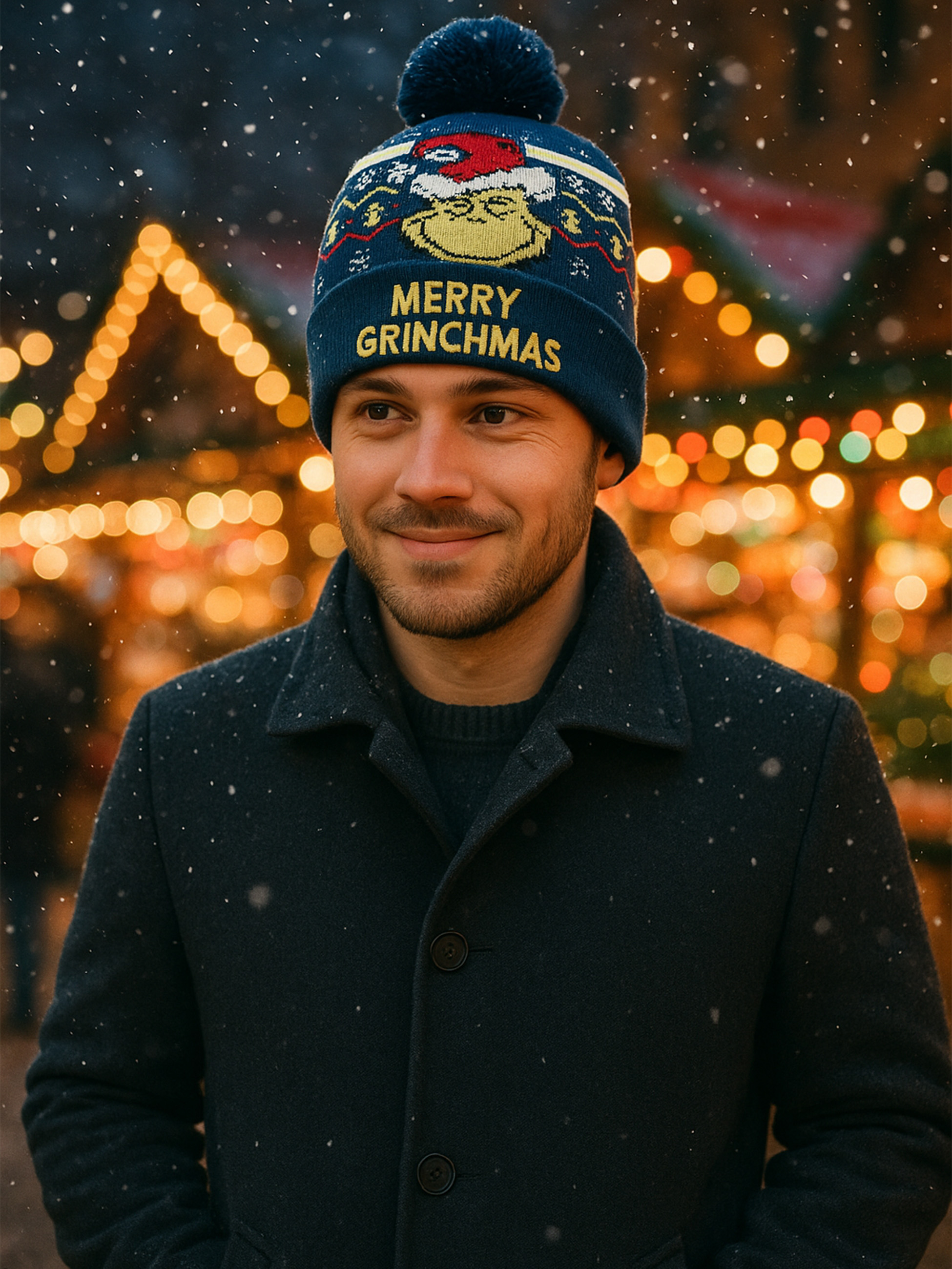 Ein Mann mit Grinch-Mütze und Mantel lächelt, im Hintergrund verschwommene Weihnachtsmarktbeleuchtung, Schnee fällt.