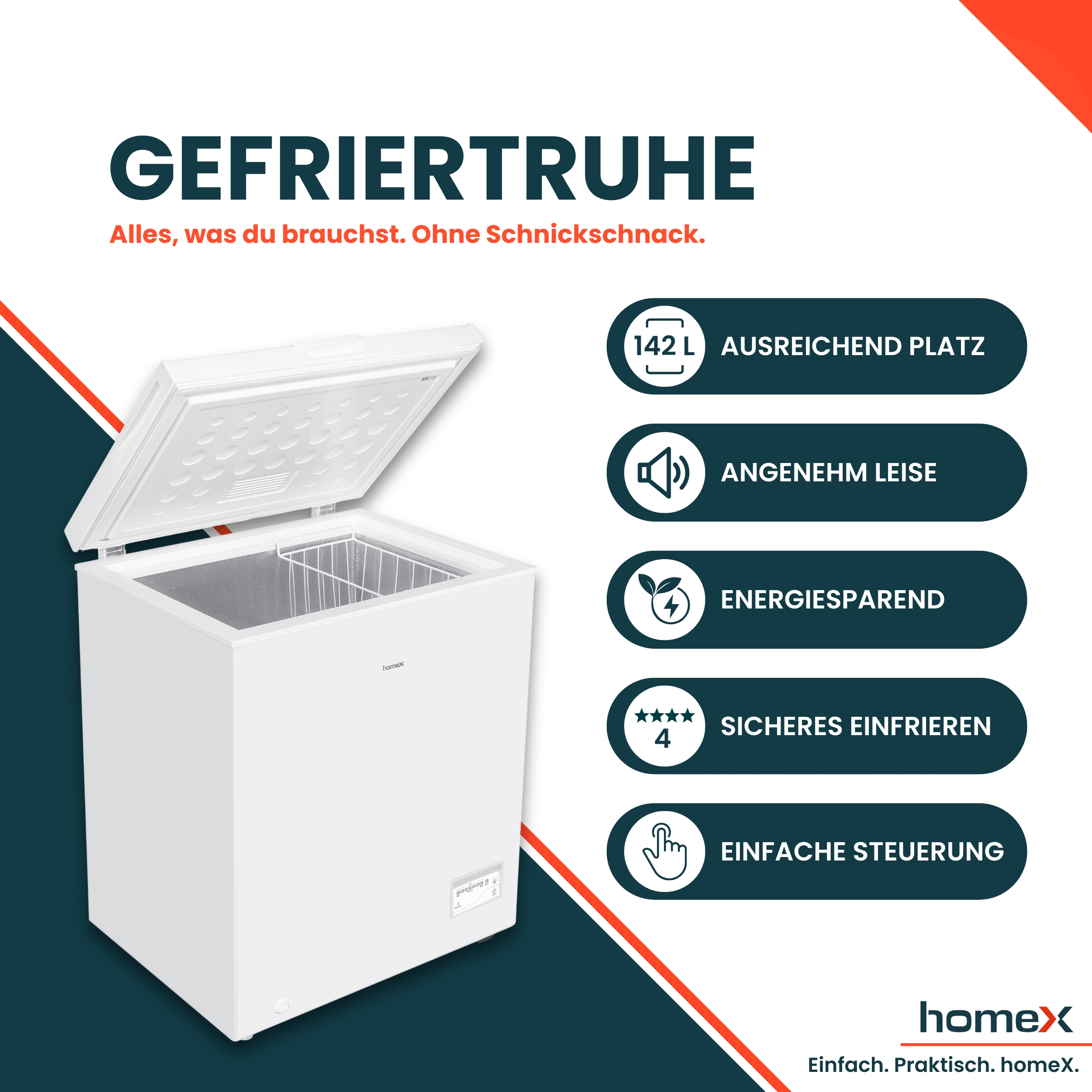 Weiße Gefriertruhe mit offenem Deckel, Produktdetails und Text: Gefriertruhe, homeX.