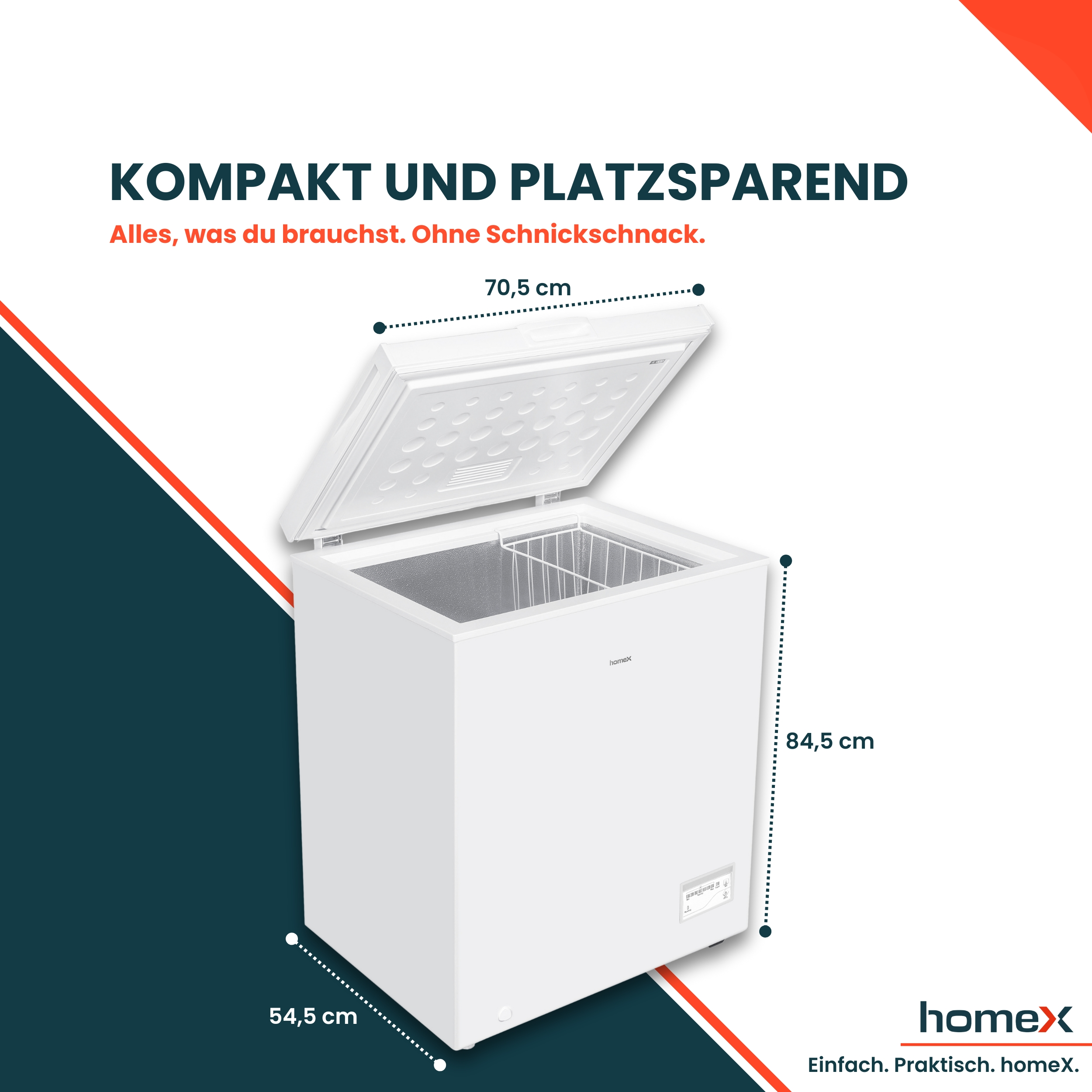 Eine weiße Truhe, Deckel offen, mit Maßangaben. Der Text lautet 'Kompakt und platzsparend' und 'homeX'.