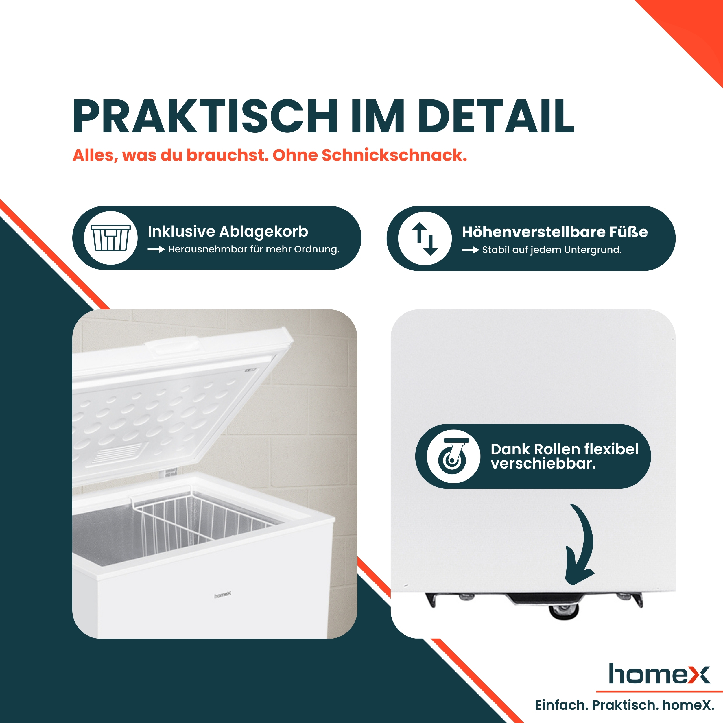 Ein weißer Gefrierschrank mit geöffnetem Deckel. Zu den Merkmalen gehören ein Innenkorb, verstellbare Füße und flexible Rollen.