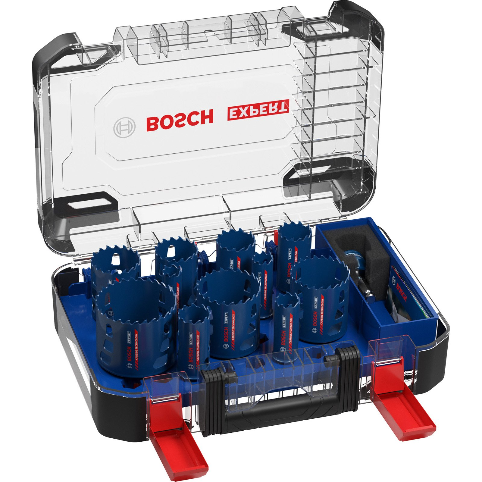 Offener Koffer mit blauen Lochsägen. Der Koffer ist aus klarem Kunststoff mit schwarzen und roten Akzenten. Bosch-Logo sichtbar.