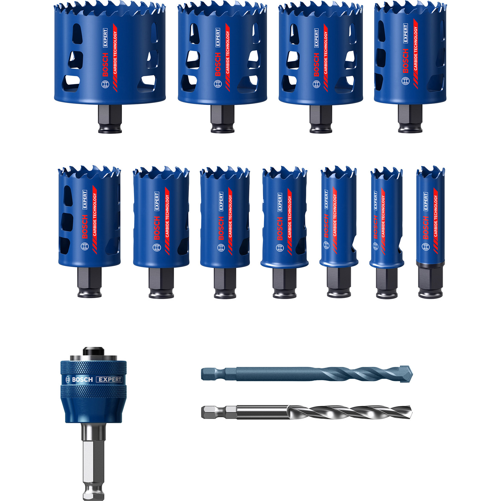 Satz Bosch Expert Lochsägen, blau und schwarz, mit Bohrern. Carbide-Technologie sichtbar. Weißer Hintergrund.