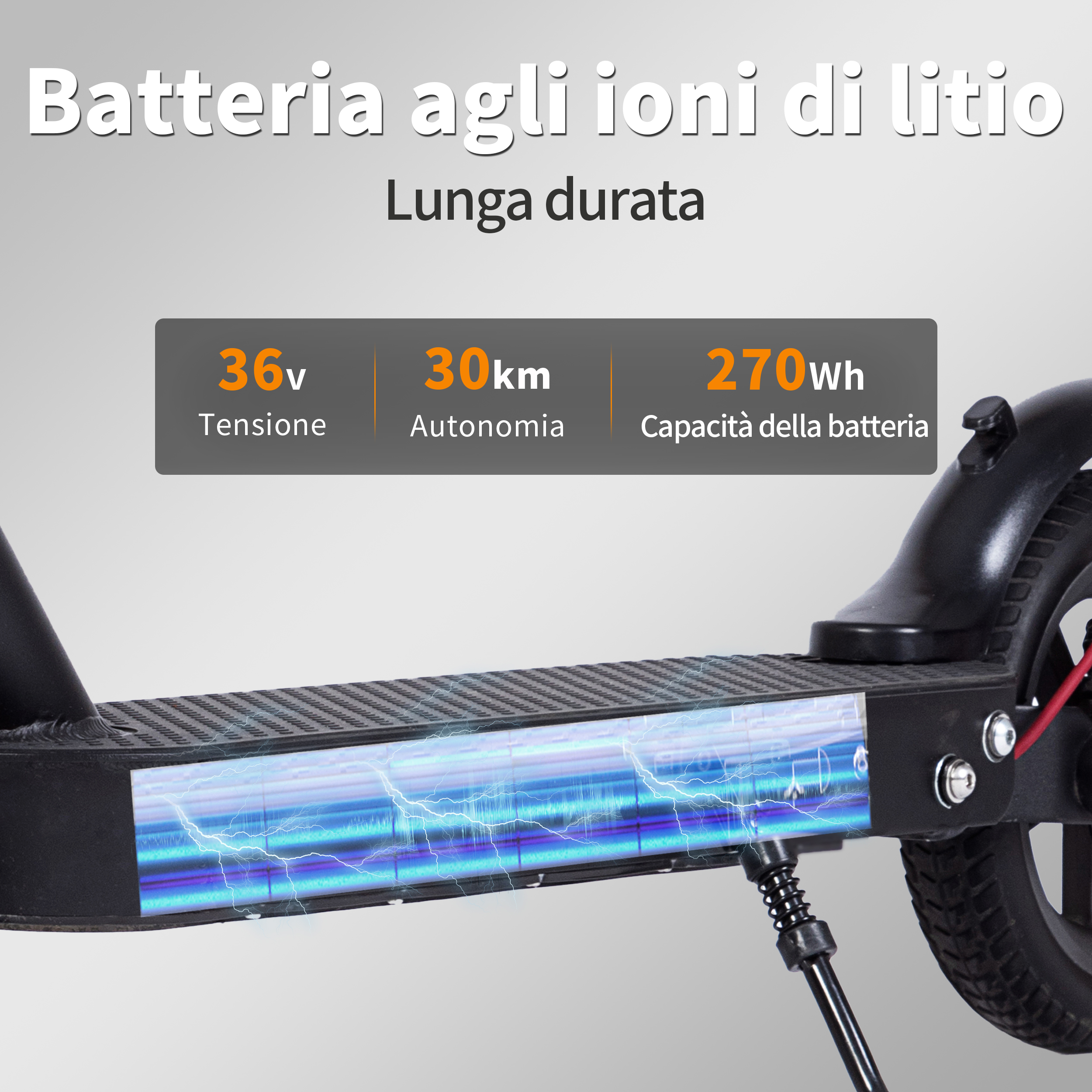 Un monopattino elettrico con indicatore batteria. Testo: 36V, 30km, 270Wh. Il monopattino è nero.