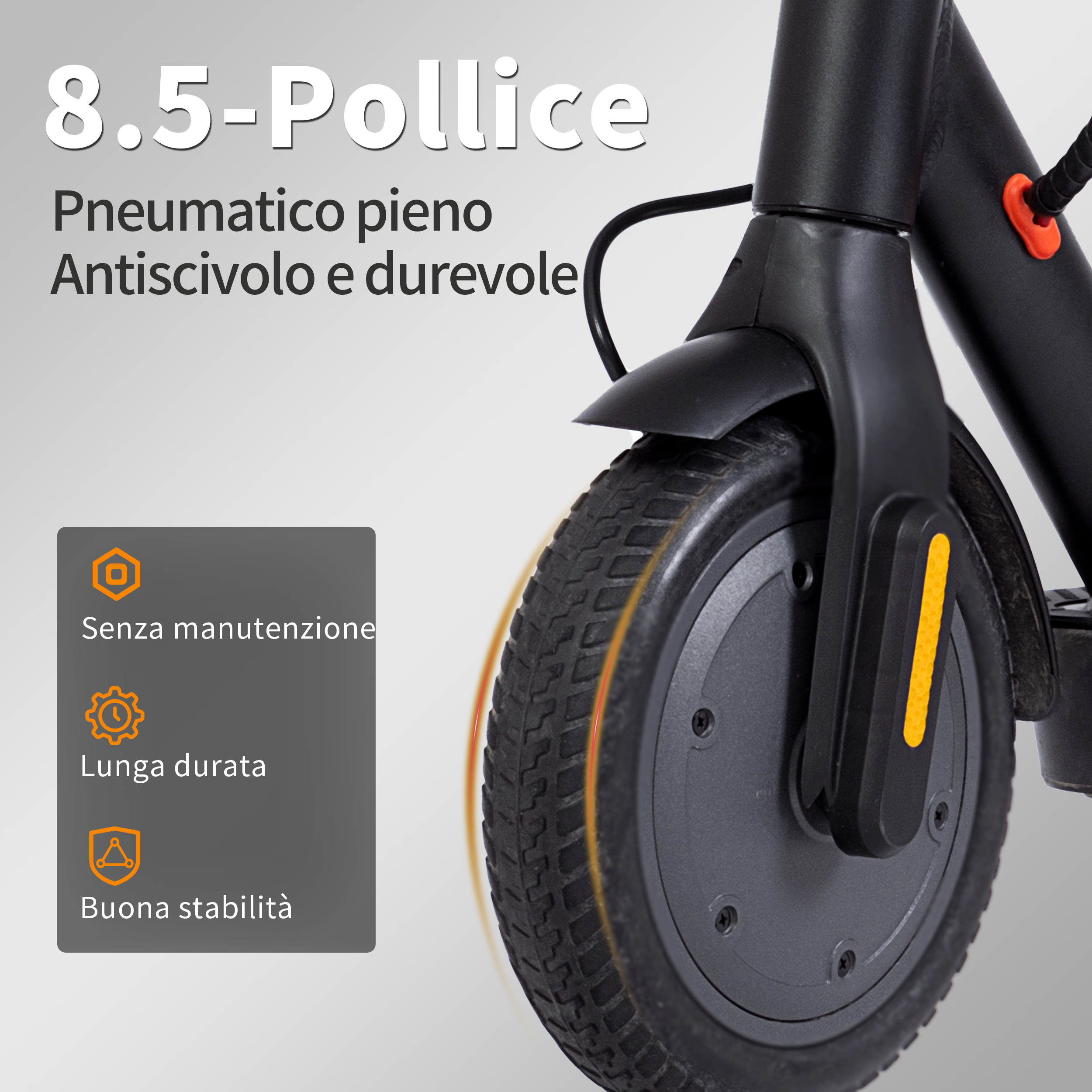 Primo piano di una ruota di scooter nera. Testo: 8,5 pollici, antiscivolo, durevole. Caratteristiche: senza manutenzione, lunga durata, buona stabilità.