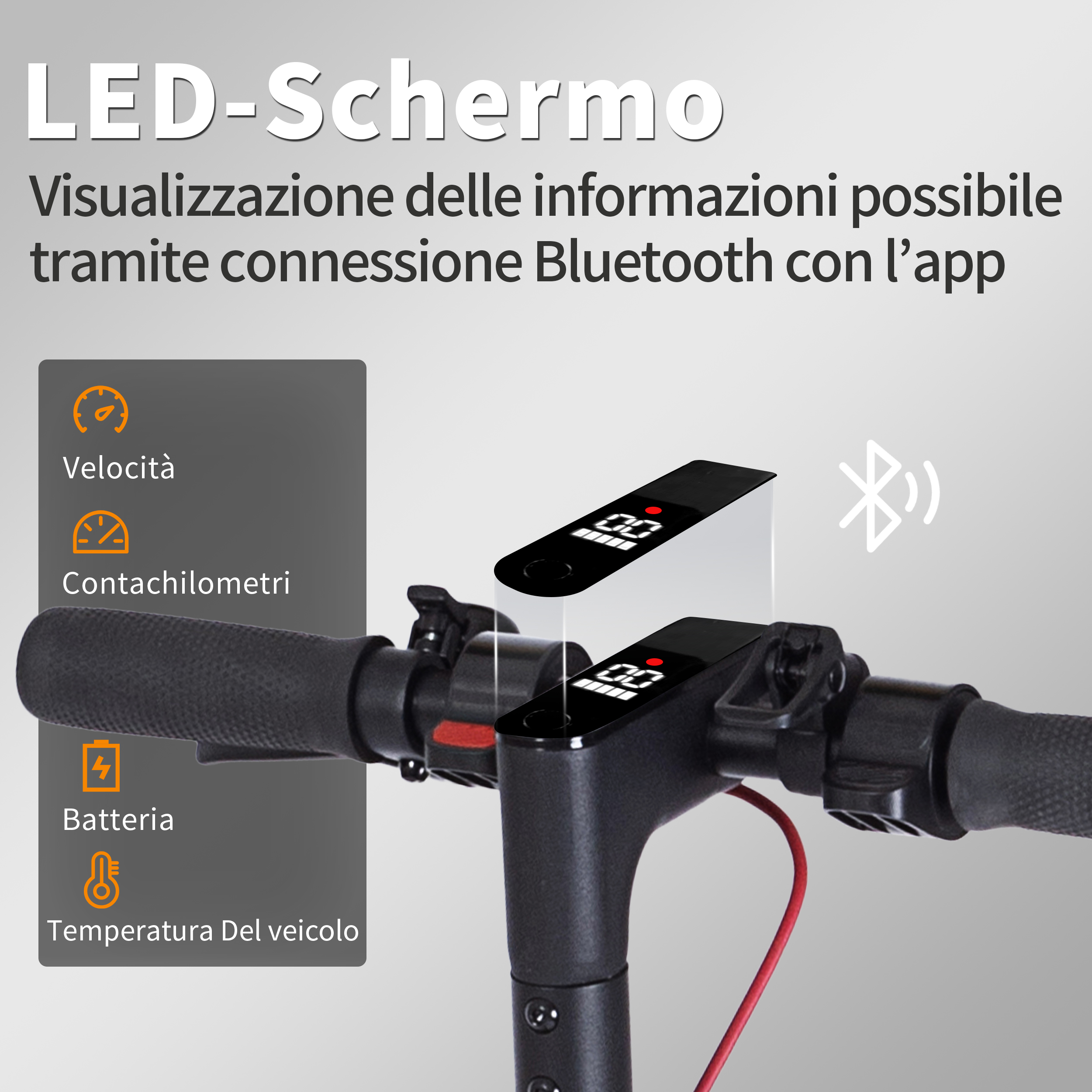 Manubrio di un monopattino elettrico con display che mostra la velocità. Testo: Schermo LED, connessione Bluetooth e icone.