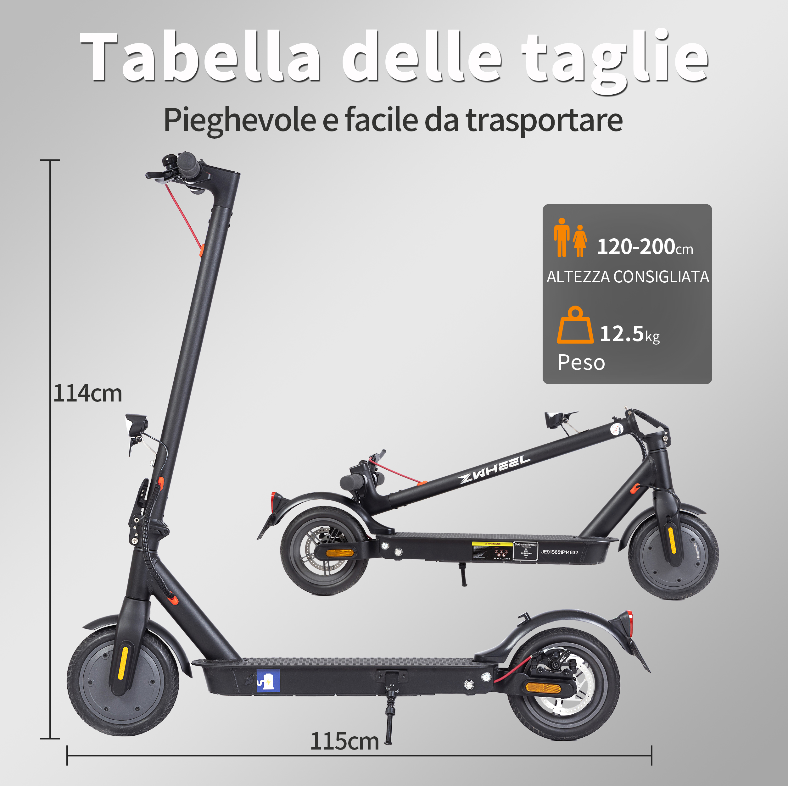 L'immagine mostra tre monopattini elettrici neri. Il testo evidenzia dimensioni, peso e consigli sull'altezza. Lo sfondo è grigio chiaro.