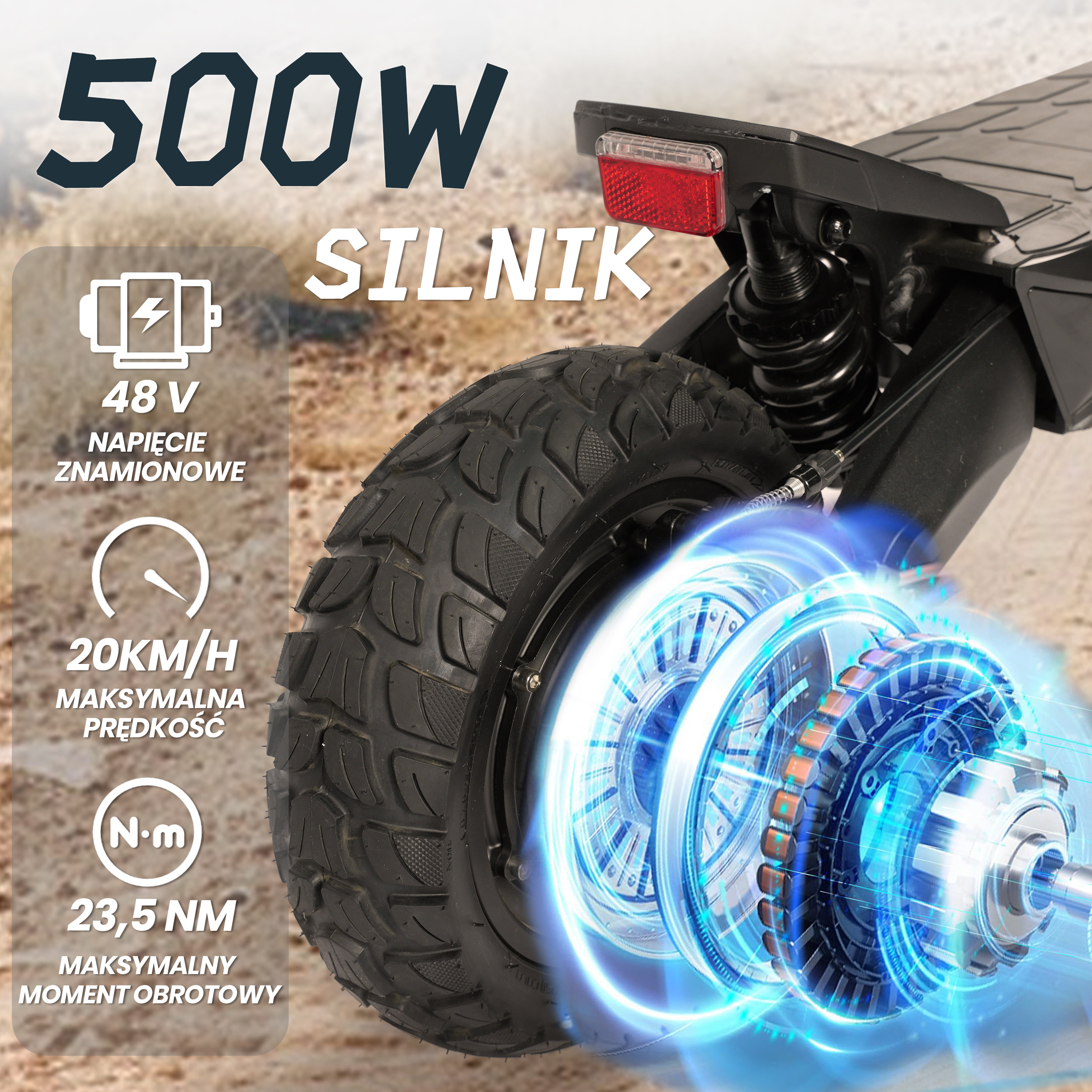 Koło skutera elektrycznego ze specyfikacjami: silnik 500W, 48V, prędkość maks. 20km/h i moment obrotowy 23,5 Nm. Tło piaszczyste.