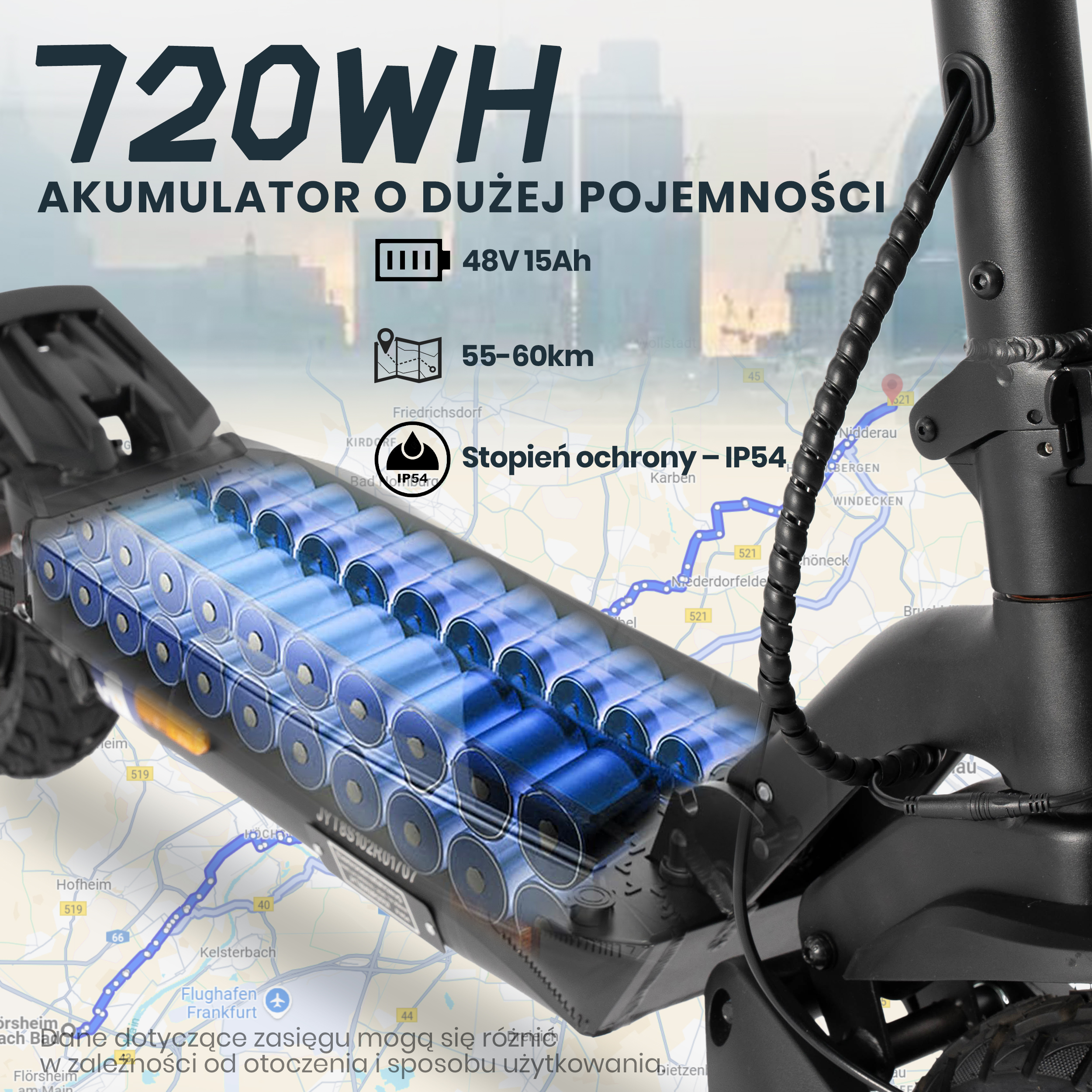 Hulajnoga elektryczna z detalami baterii i mapą. Tekst: 720WH, 48V 15Ah, zasięg 55-60km i ochrona IP54.