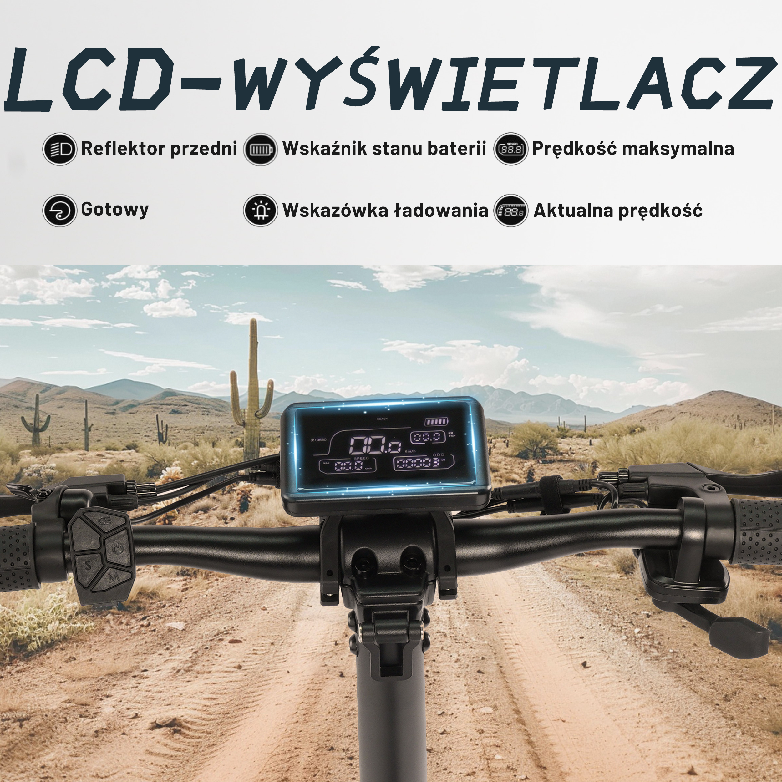 Kierownica hulajnogi elektrycznej z cyfrowym wyświetlaczem pokazującym prędkość i stan baterii. Tło przedstawia pustynny krajobraz.