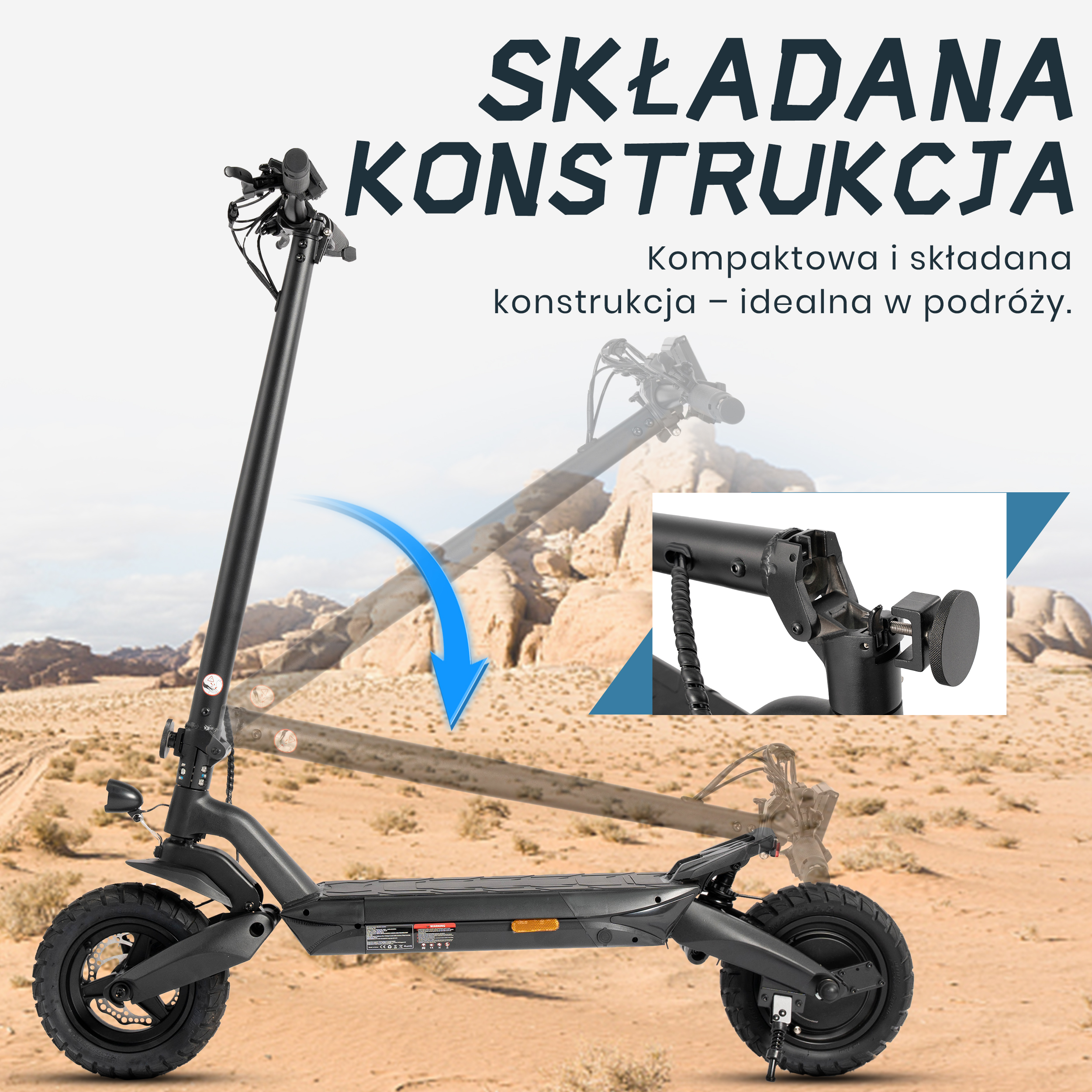 Czarny skuter elektryczny ze składaną konstrukcją, na tle pustyni. Tekst: składana konstrukcja.