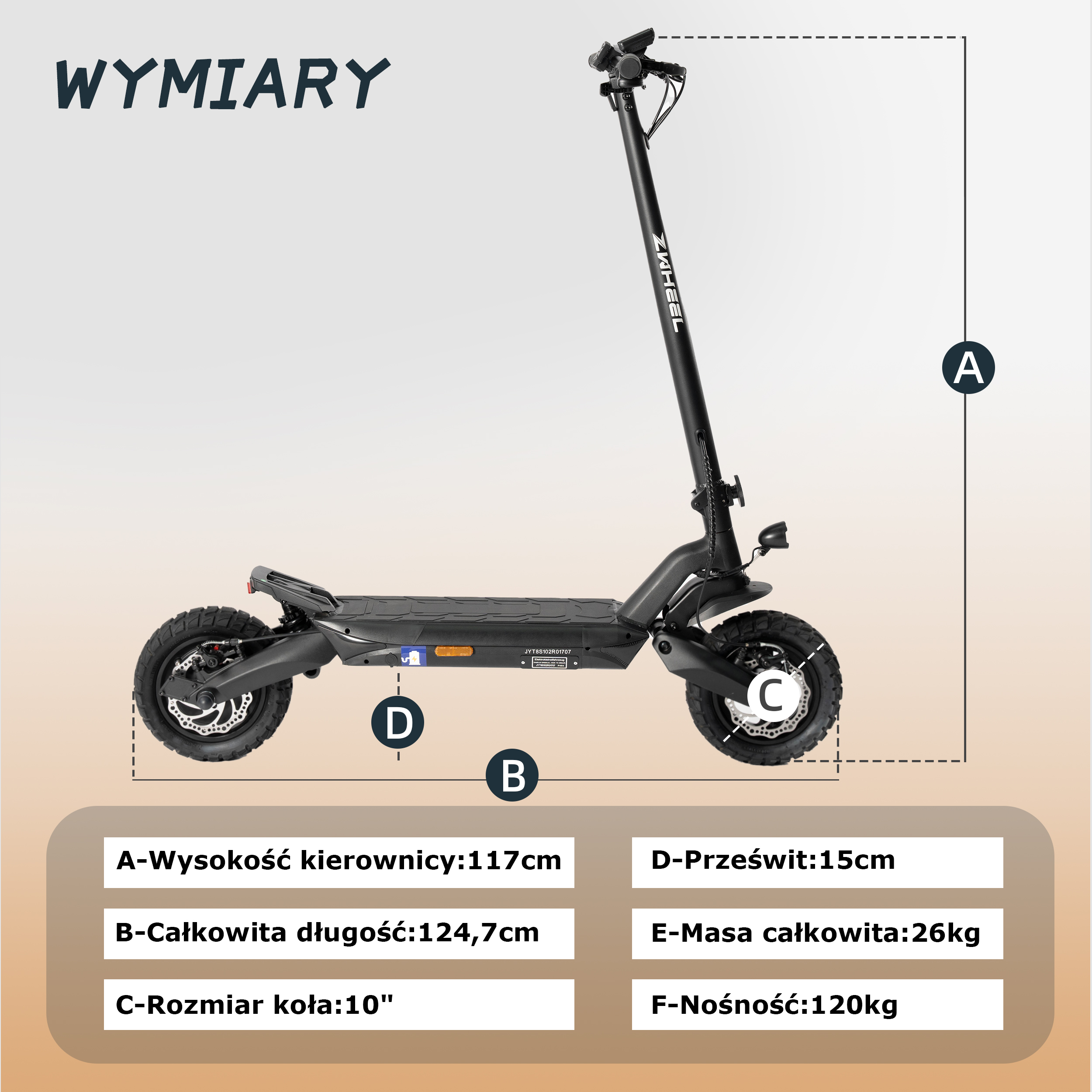 Czarny skuter elektryczny z wymiarami. Pokazuje wysokość, długość, rozmiar koła, prześwit, wagę i nośność.