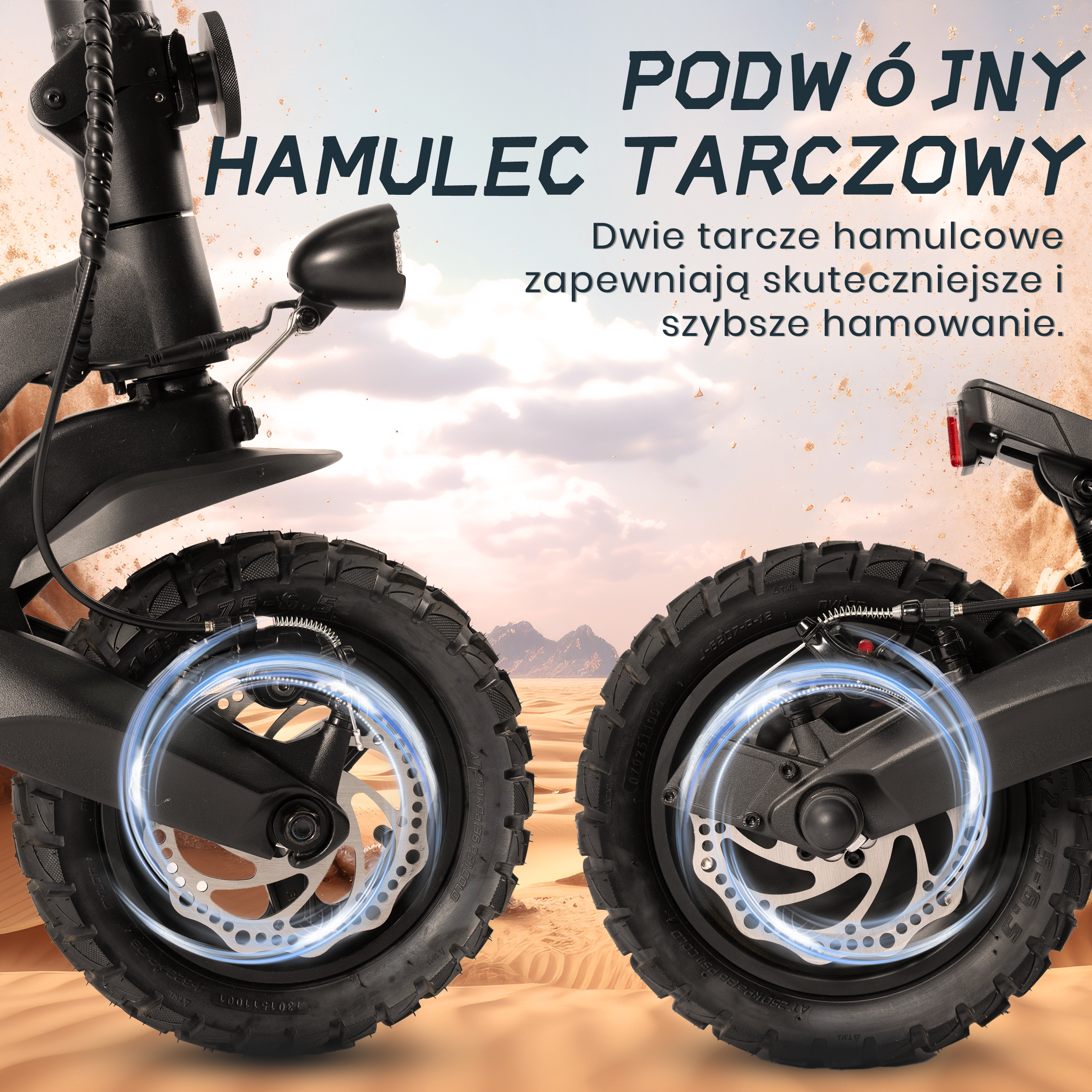 Hulajnoga elektryczna z podwójnymi hamulcami tarczowymi. Zdjęcie przedstawia przednie koła z zaznaczonymi hamulcami.