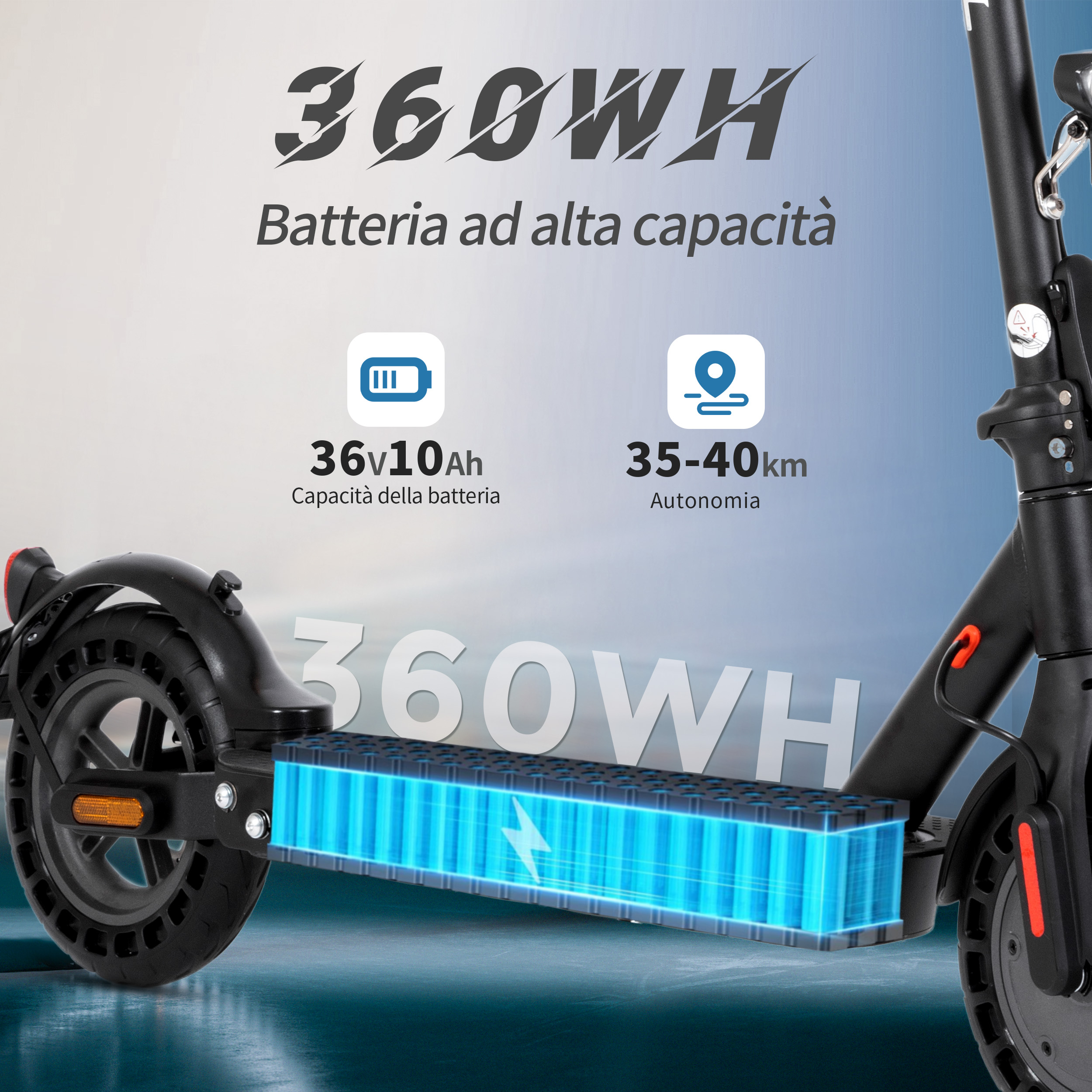 Un monopattino elettrico con specifiche della batteria: 36V 10Ah, autonomia 35-40km. Il monopattino è nero con testo bianco su sfondo blu.