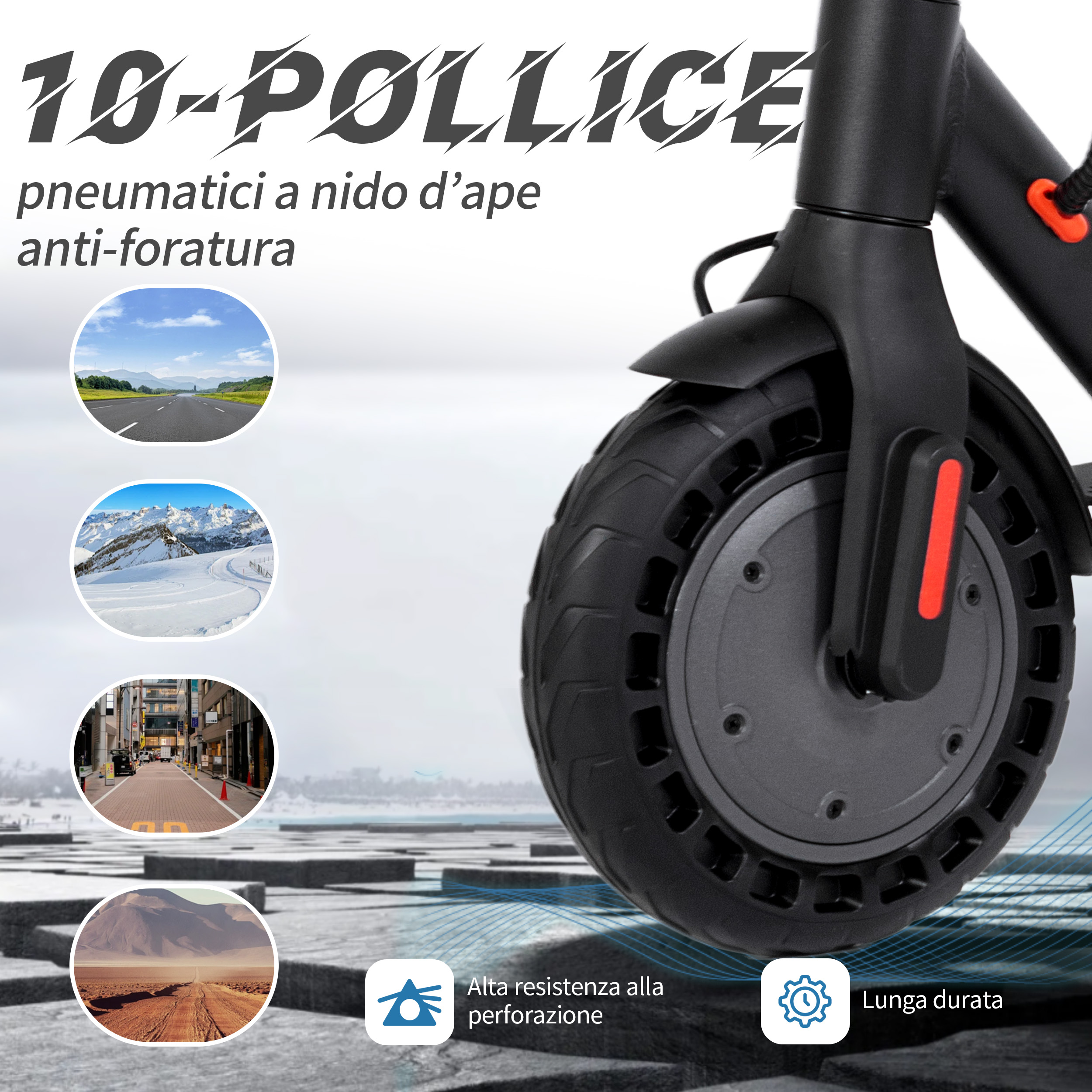 Pneumatico nero per scooter con testo e immagini. Include scene stradali, montane e cittadine. Il pneumatico è grande.
