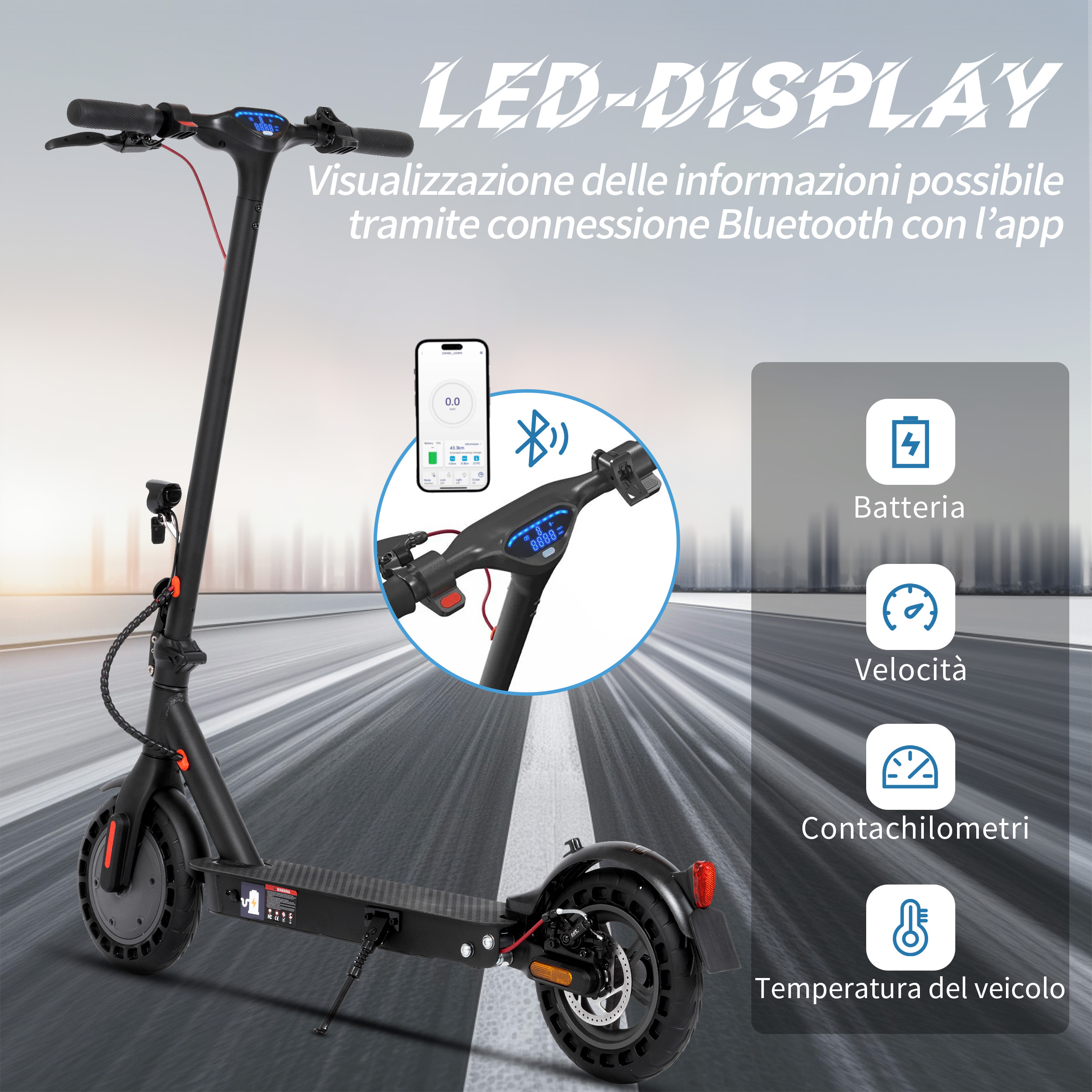 Scooter elettrico nero con display LED, collegato a smartphone. Mostra batteria, velocità, chilometraggio e temperatura.