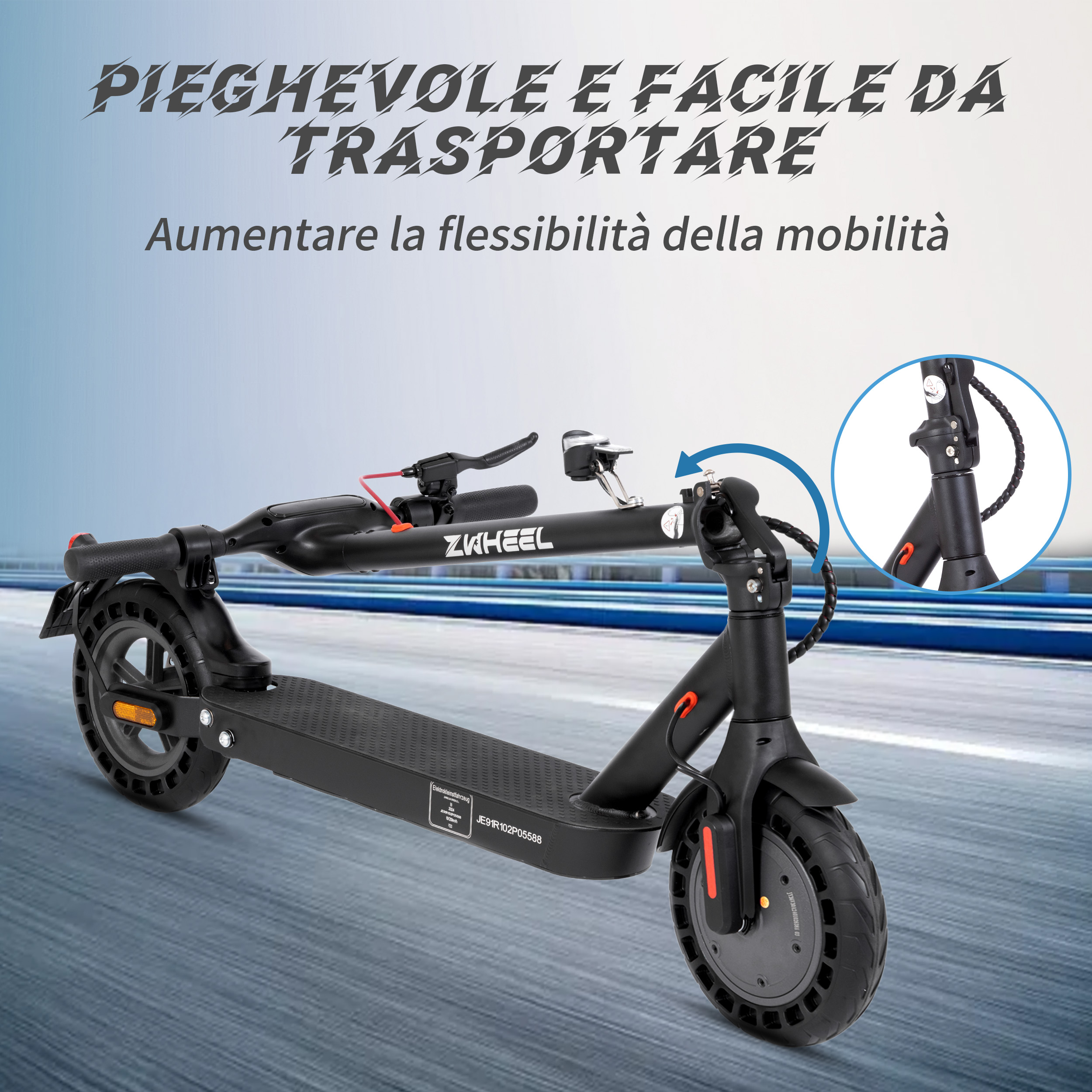 Scooter nero pieghevole con logo ZWHEEL. Telaio, ruote e manubrio neri. Sfondo blu con testo.