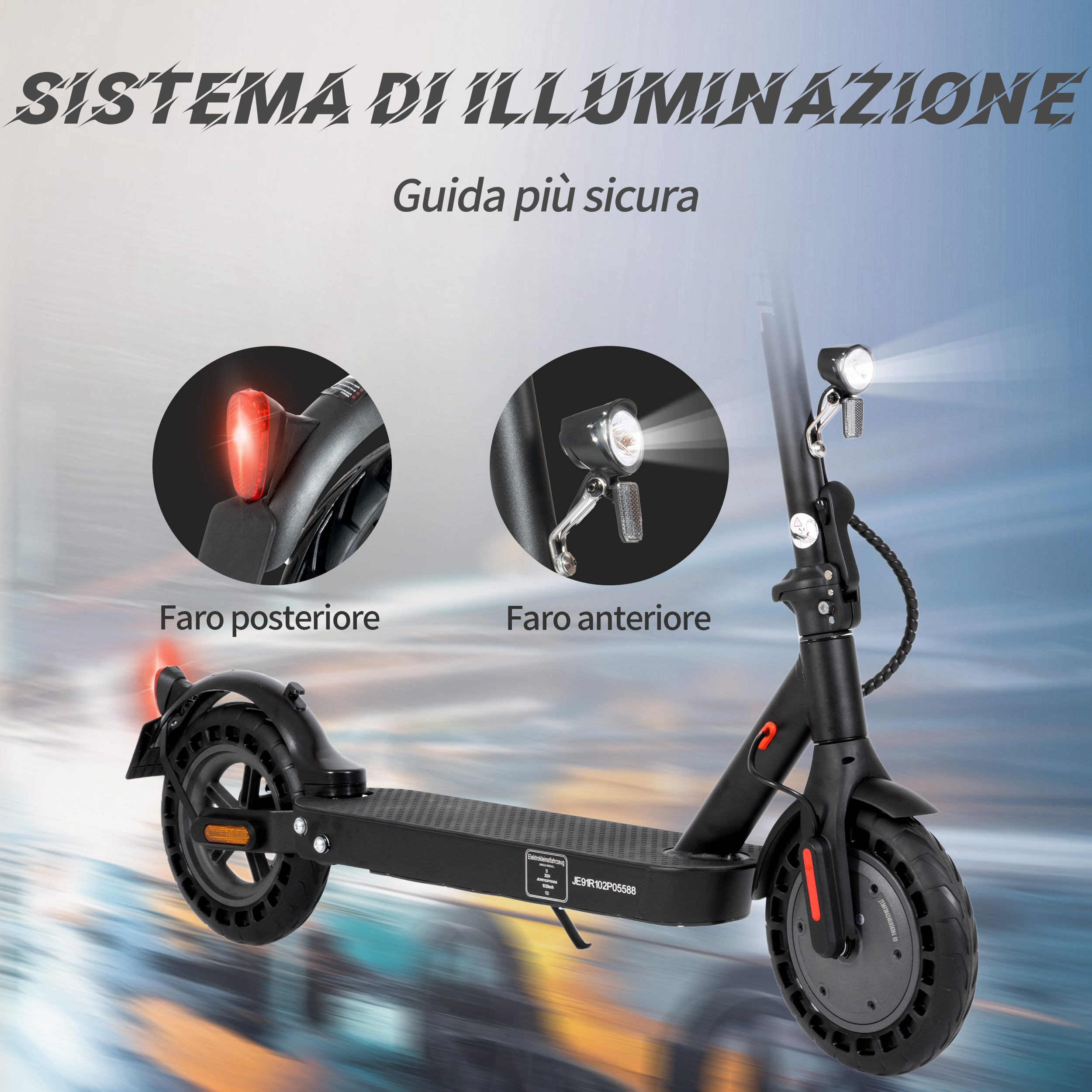 Scooter elettrico nero con luci anteriori e posteriori. Testo: 'Sistema di Illuminazione', 'Guida più sicura', ed etichette delle luci.