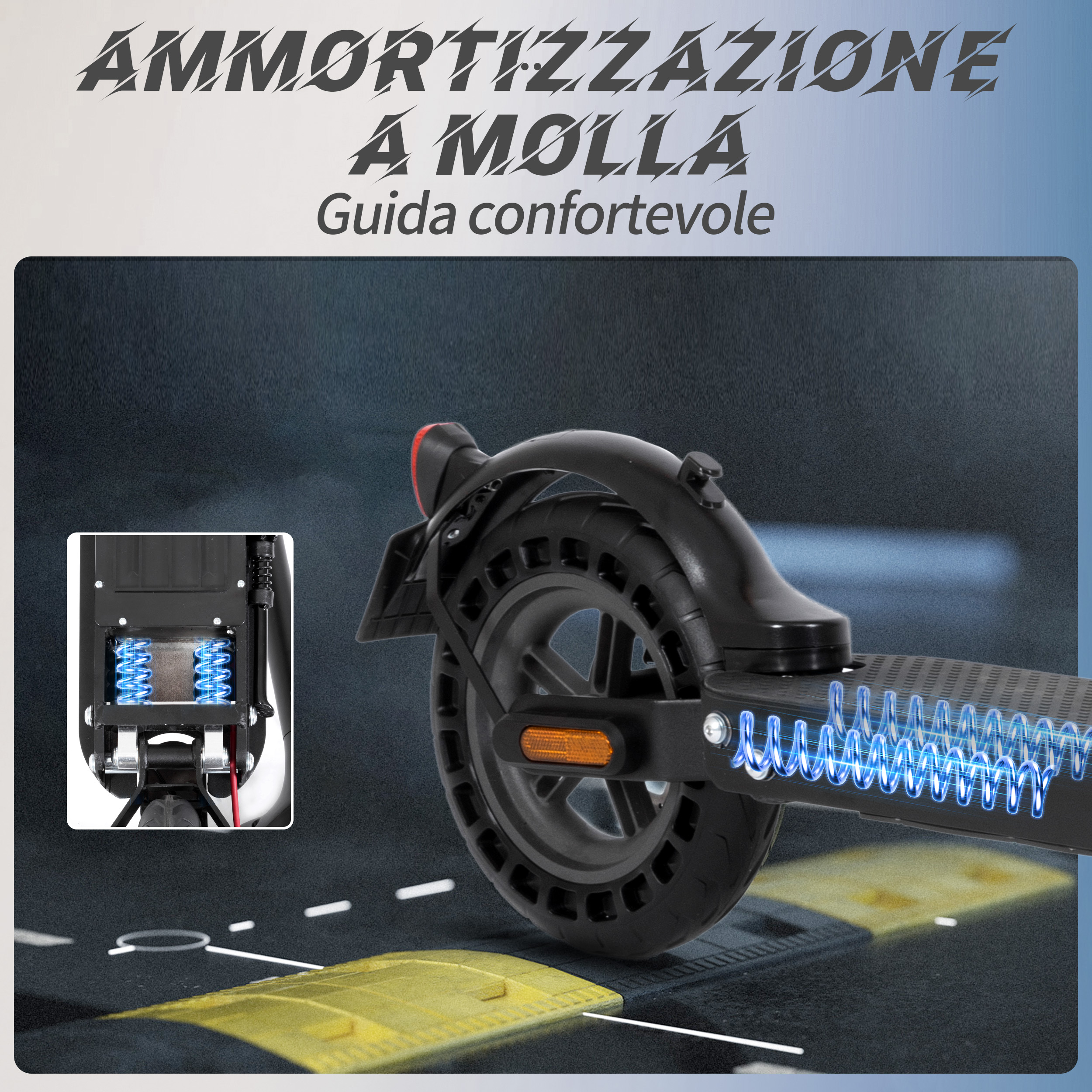 Ruota posteriore di e-scooter con dettagli sospensioni a molla. Testo: 'amortizzazione a molla' (sospensioni a molla).