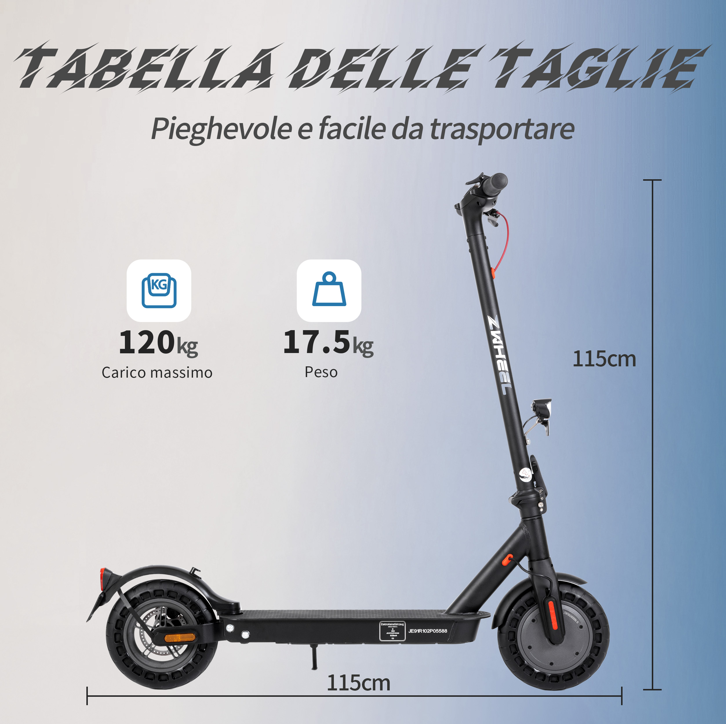 Un monopattino elettrico con info su dimensioni, peso e capacità. Telaio e pneumatici neri, con dettagli sulle dimensioni e sul peso.