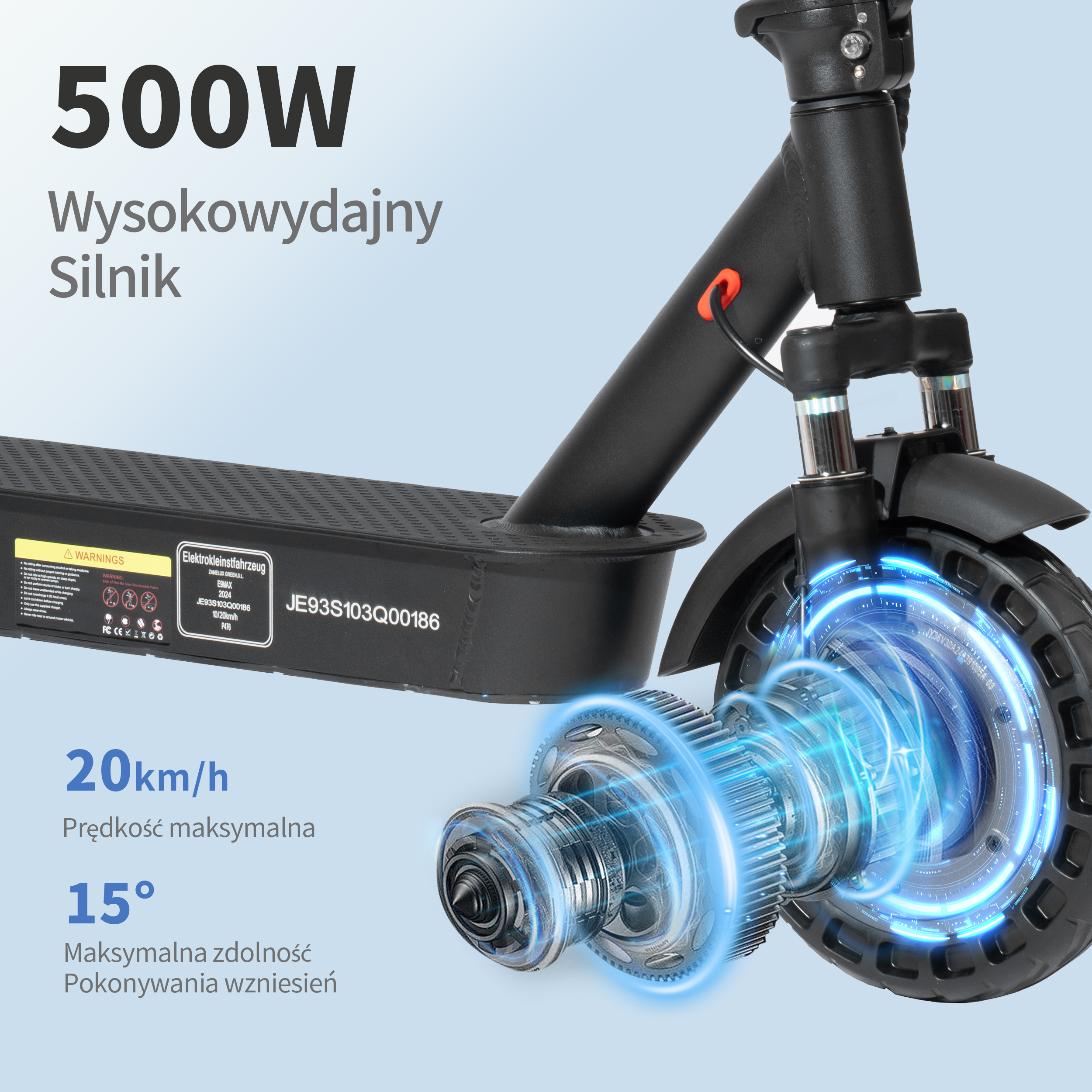 Czarny skuter elektryczny z podświetlonym detalem silnika. Pokazuje specyfikacje: 500W, 20km/h i 15 stopni nachylenia.