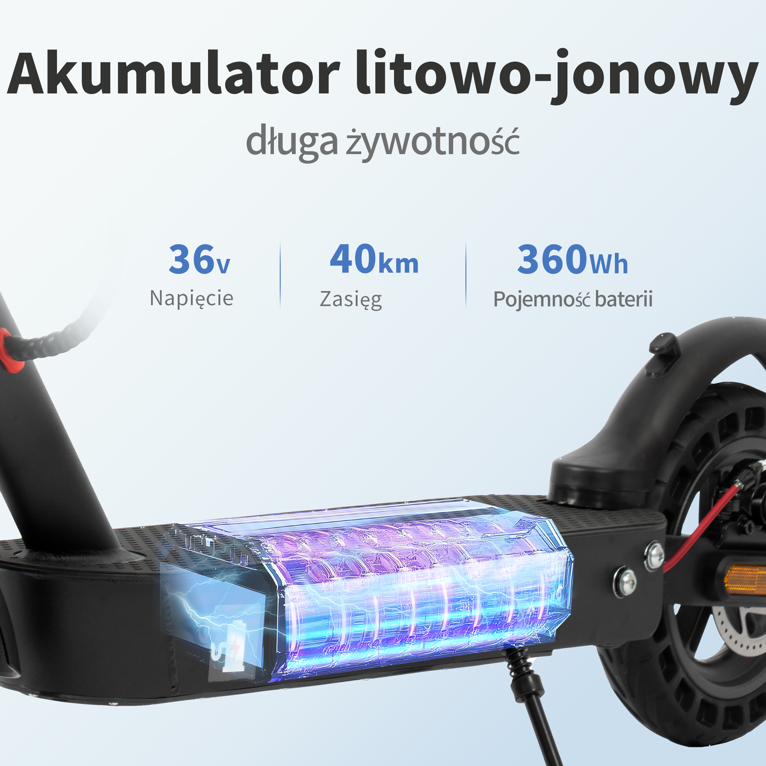 Hulajnoga elektryczna z podświetlonym akumulatorem, specyfikacjami i tytułem 'Akumulator litowo-jonowy'.