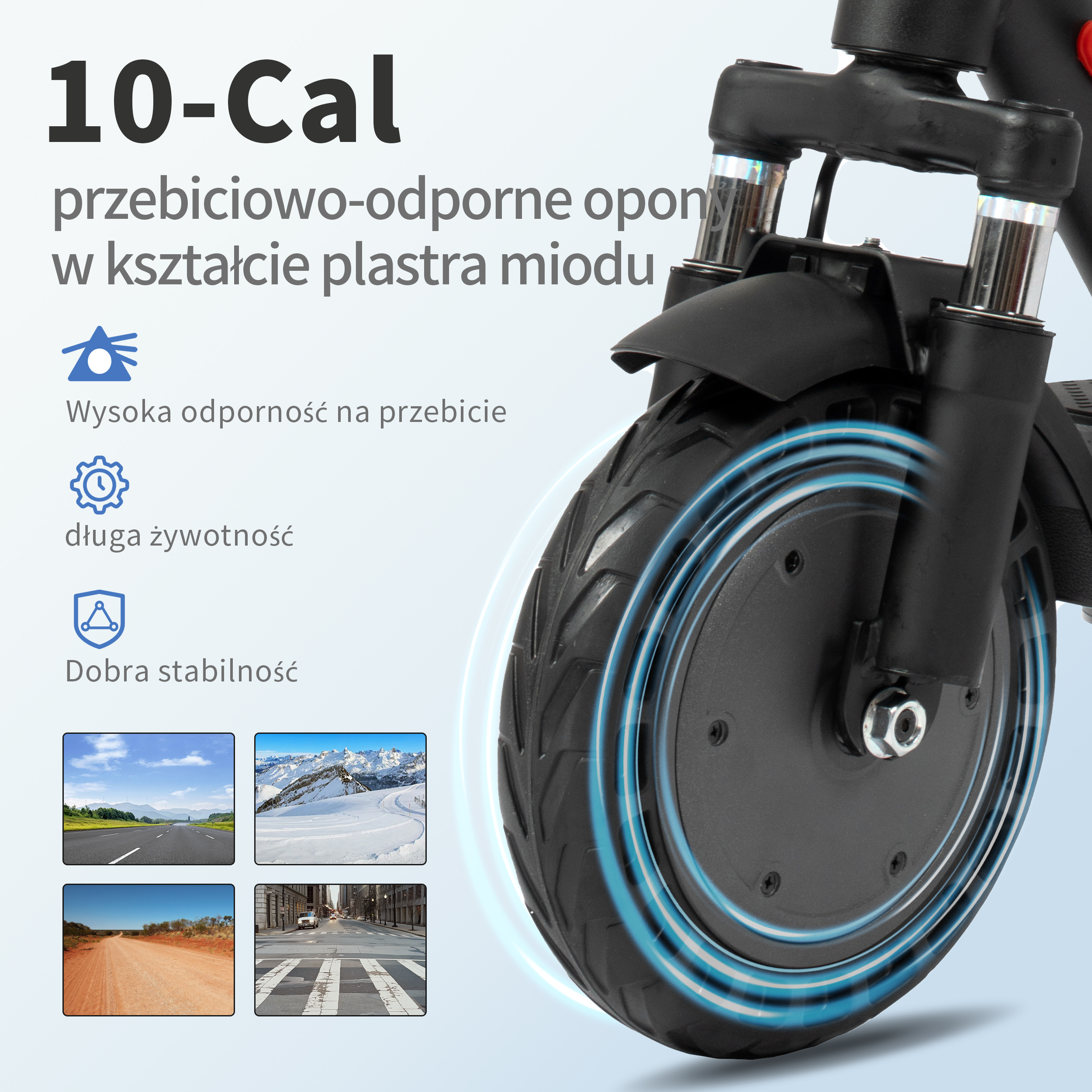 Zbliżenie opony skutera. Tekst wskazuje na odporność na przebicie. Ikony sugerują trwałość i stabilność. Tło jest jasnoniebieskie.