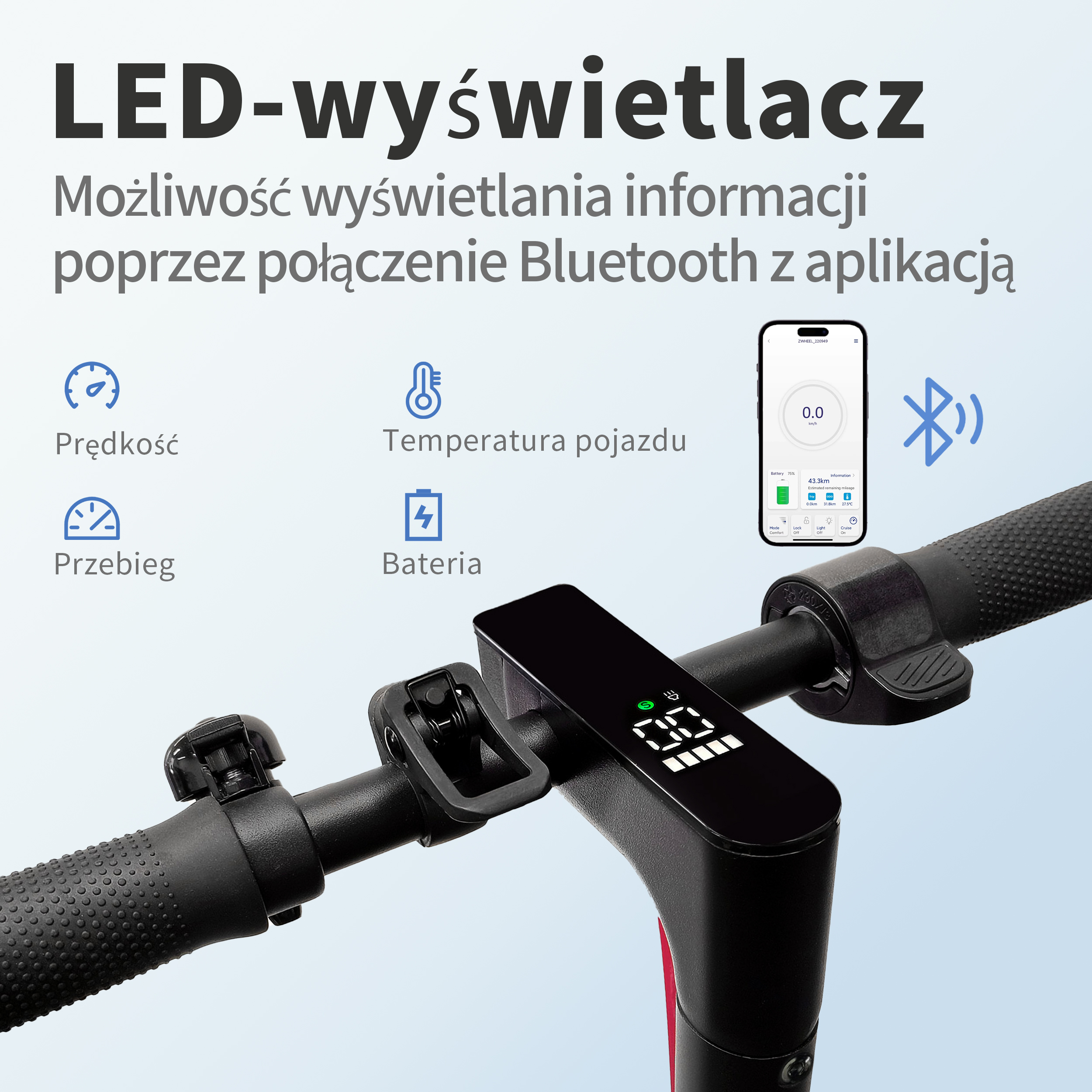 Kierownica hulajnogi elektrycznej z wyświetlaczem LED pokazującym prędkość, baterię i dane aplikacji przez Bluetooth. Czarny i czerwony.