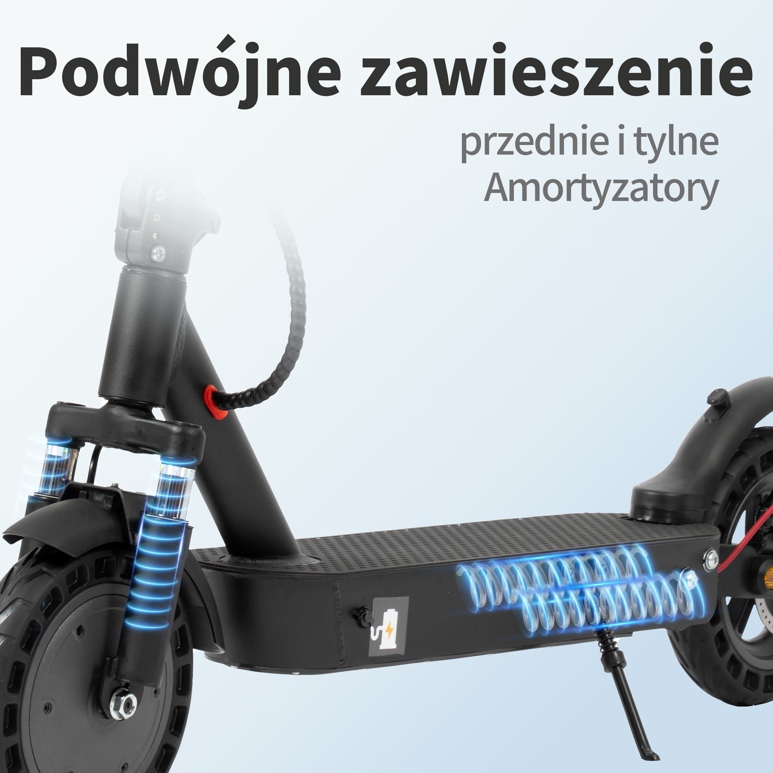 Czarna hulajnoga elektryczna z podwójnym zawieszeniem. Tekst: Podwójne zawieszenie, przednie i tylne amortyzatory.