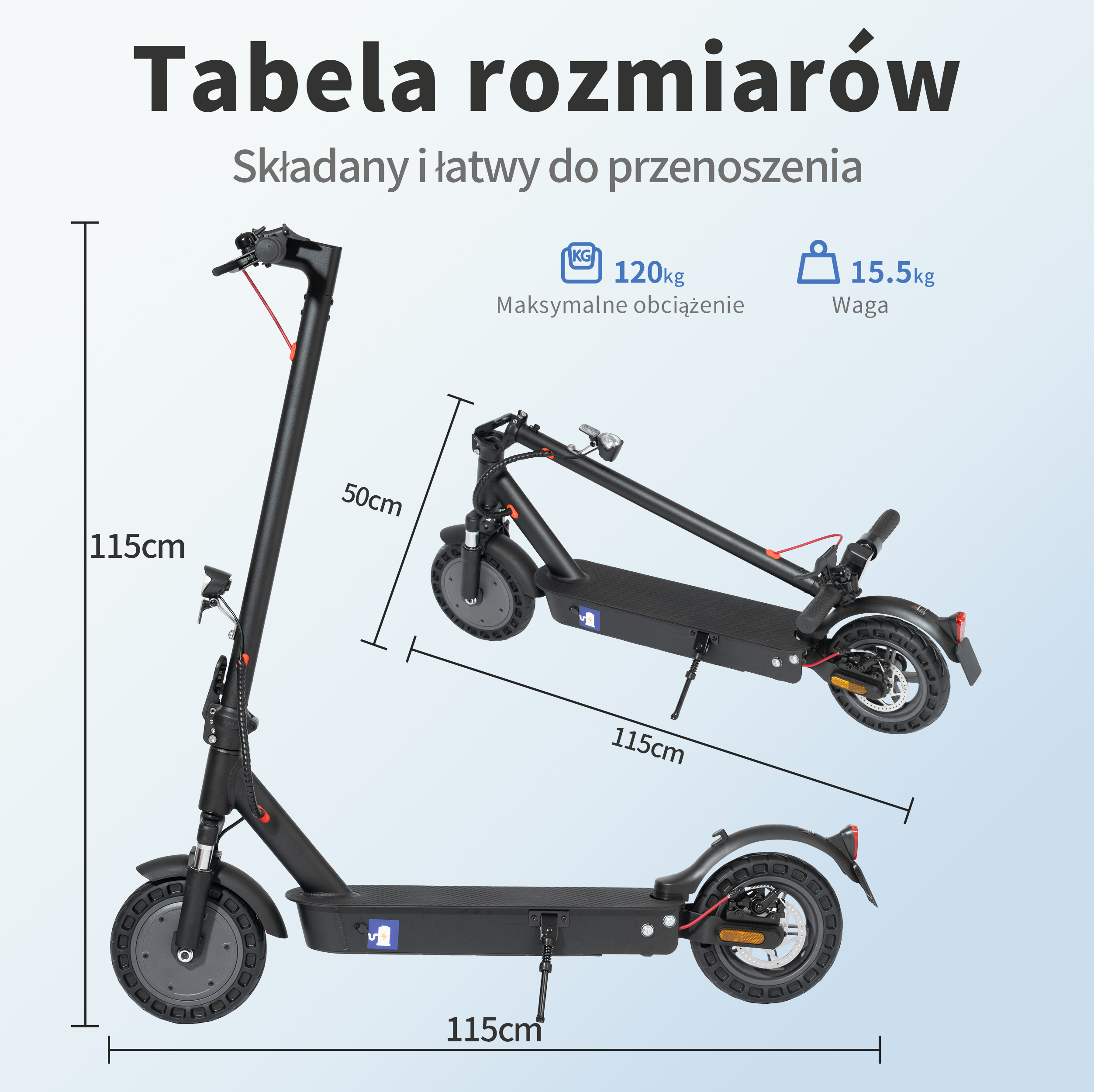 Obraz przedstawia czarną hulajnogę. Wymiary i waga są wyświetlane. Hulajnoga jest składana i łatwa do przenoszenia.
