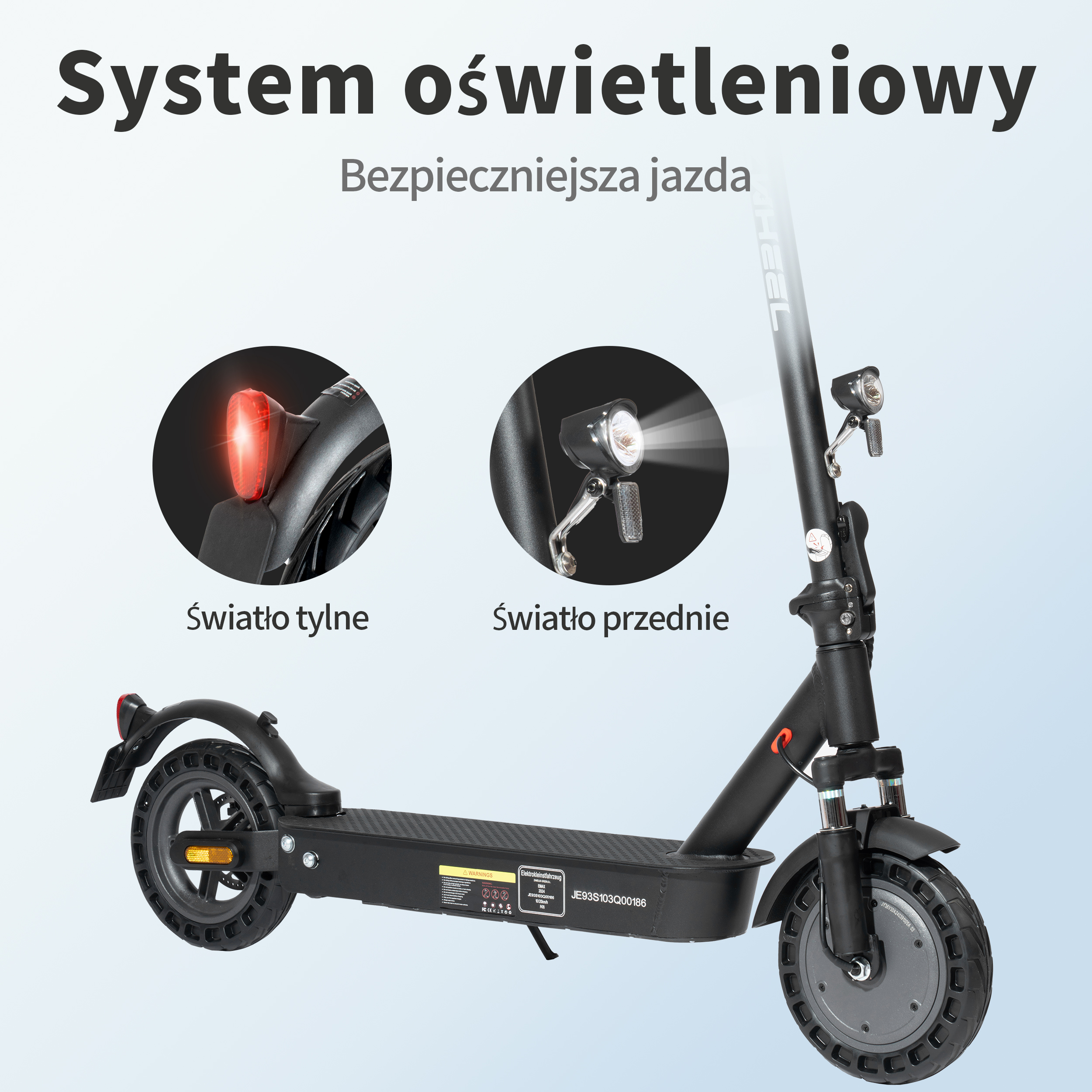 Czarna hulajnoga elektryczna z przednim i tylnym oświetleniem. Tekst: 'System oświetleniowy' i 'Bezpieczniejsza jazda'.