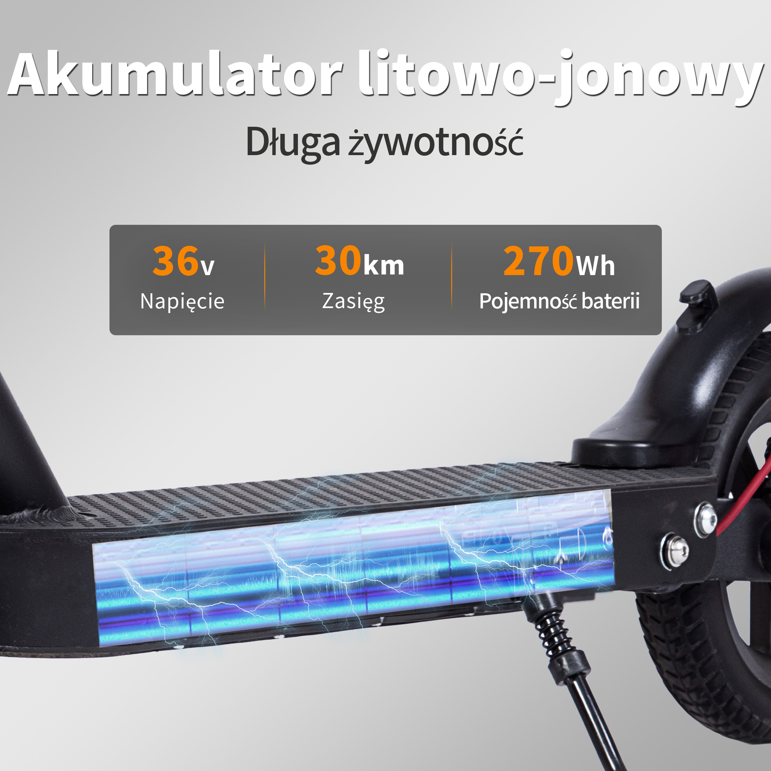 Hulajnoga elektryczna ze statystykami baterii. Tekst: 36V, zasięg 30km, pojemność baterii 270Wh. Czarny korpus, koło i podest.