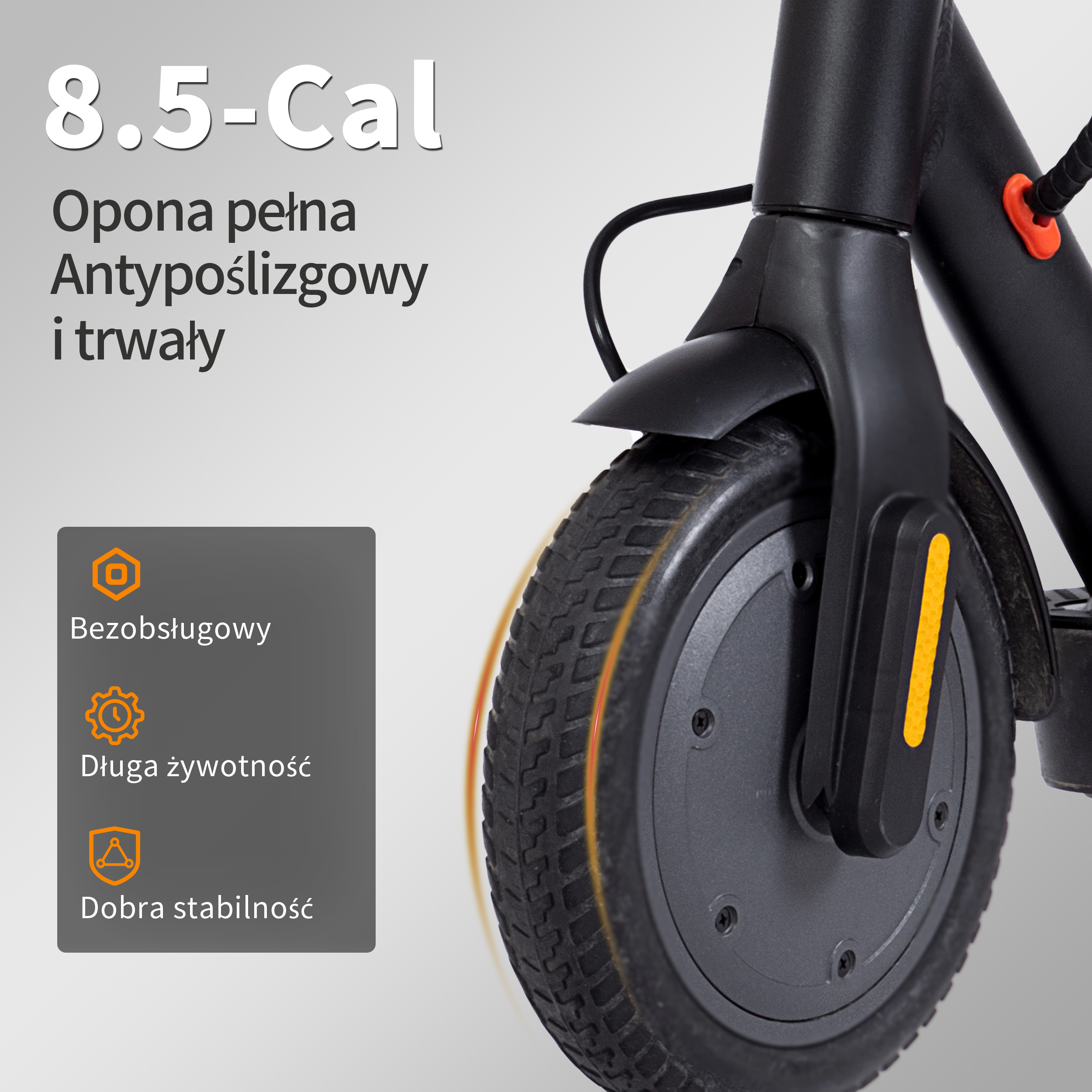 Zbliżenie koła hulajnogi elektrycznej. Tekst u góry brzmi '8.5-Cal'. Cechy: opona odporna na przebicie, antypoślizgowa, długa żywotność i dobra stabilność.