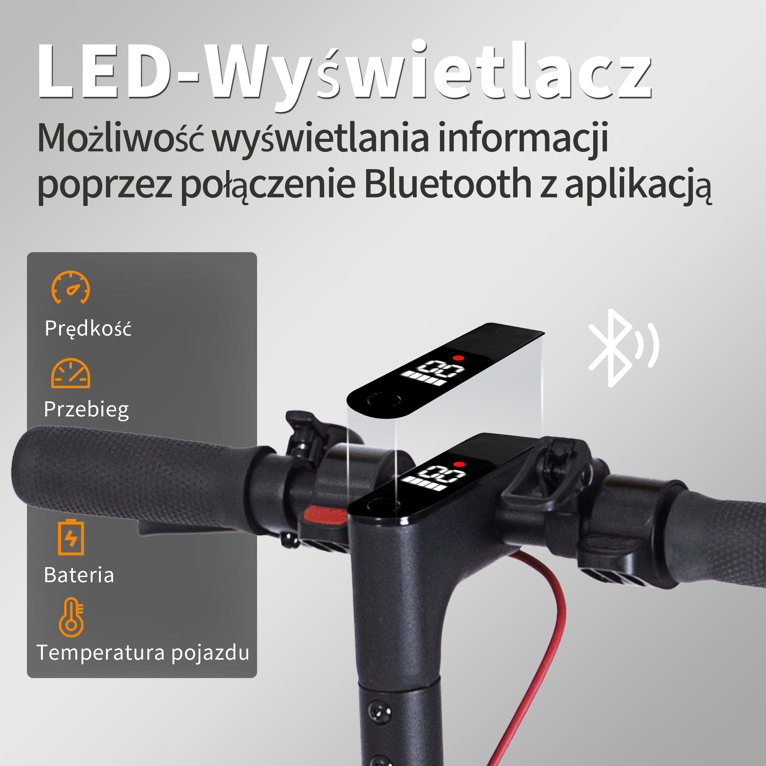 Kierownica hulajnogi elektrycznej z wyświetlaczem pokazującym prędkość i informacje o baterii. Tekst na górze to 'Wyświetlacz LED'.