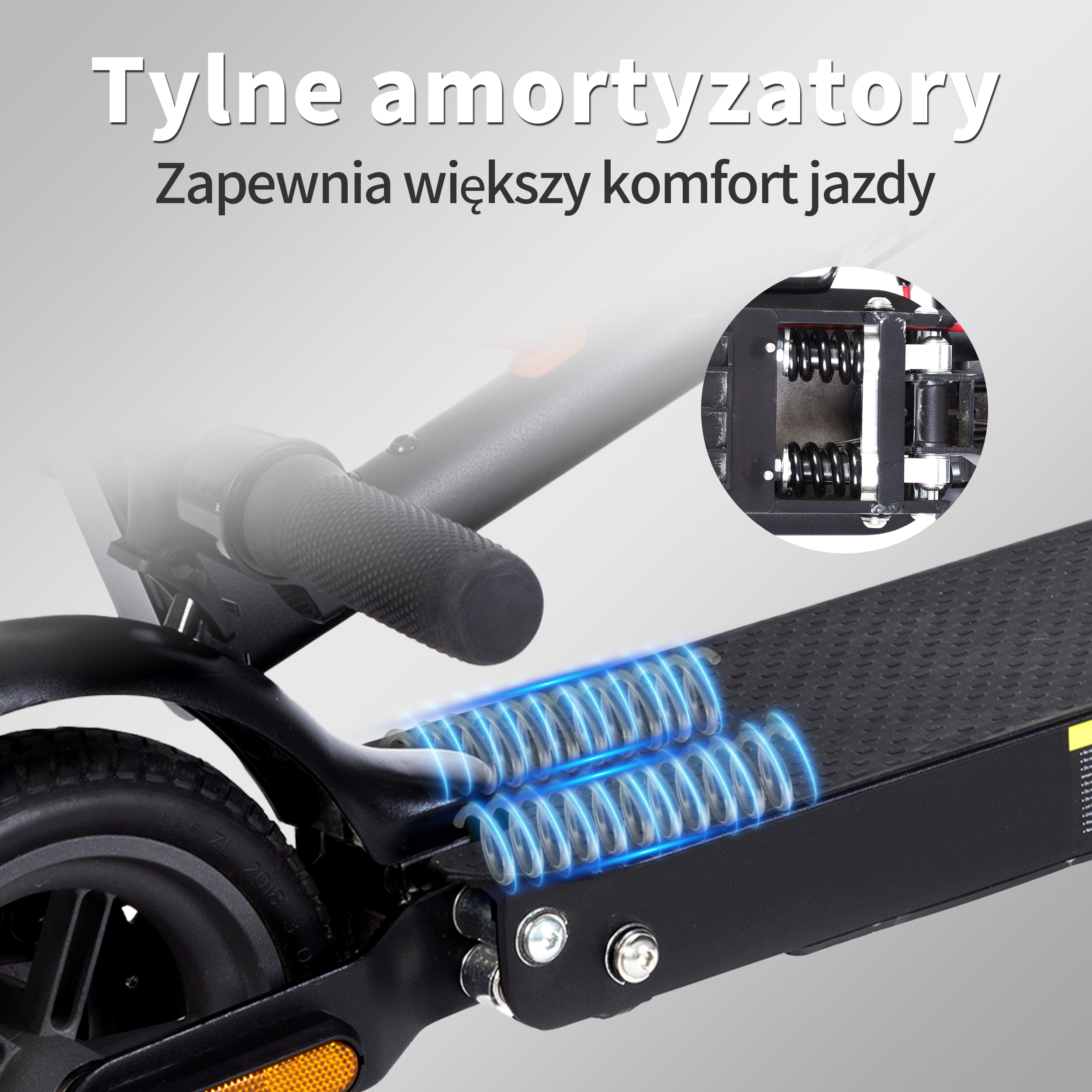 Szczegół hulajnogi elektrycznej z tylnymi amortyzatorami. Tło z polskim tekstem. Zbliżenie na koło i podest.