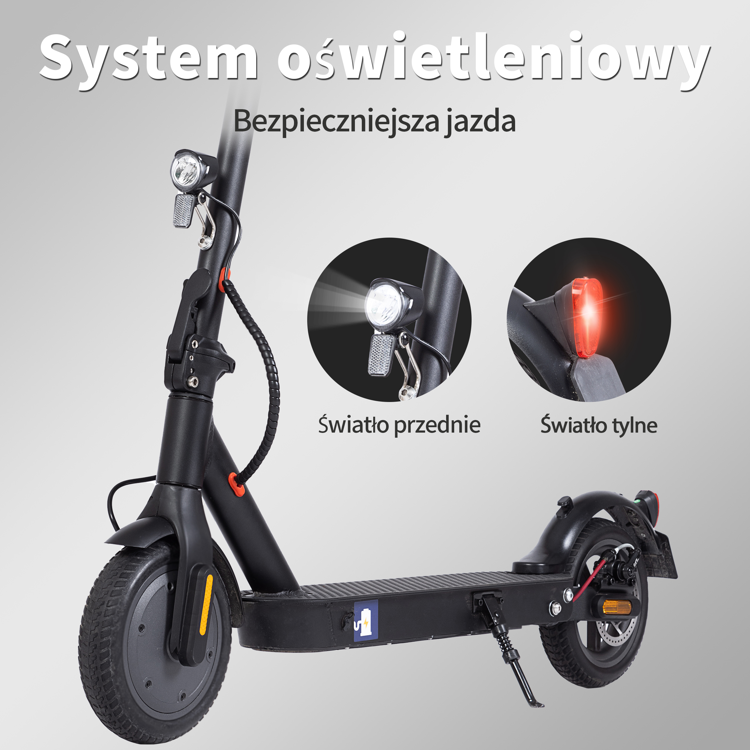 Czarny skuter elektryczny z przednimi i tylnymi światłami, na białym tle. Tekst: System oświetlenia, Bezpieczniejsza jazda.