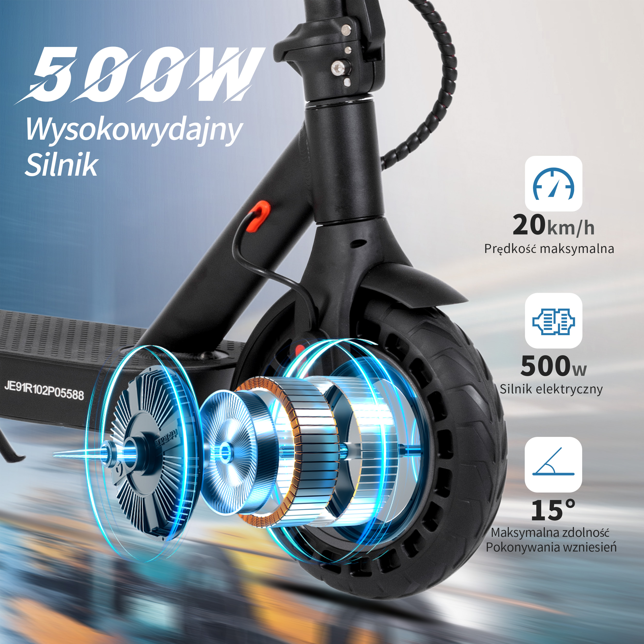 Czarny skuter elektryczny z kluczowymi specyfikacjami: silnik 500W, prędkość maks. 20km/h, zdolność pokonywania wzniesień 15 stopni.