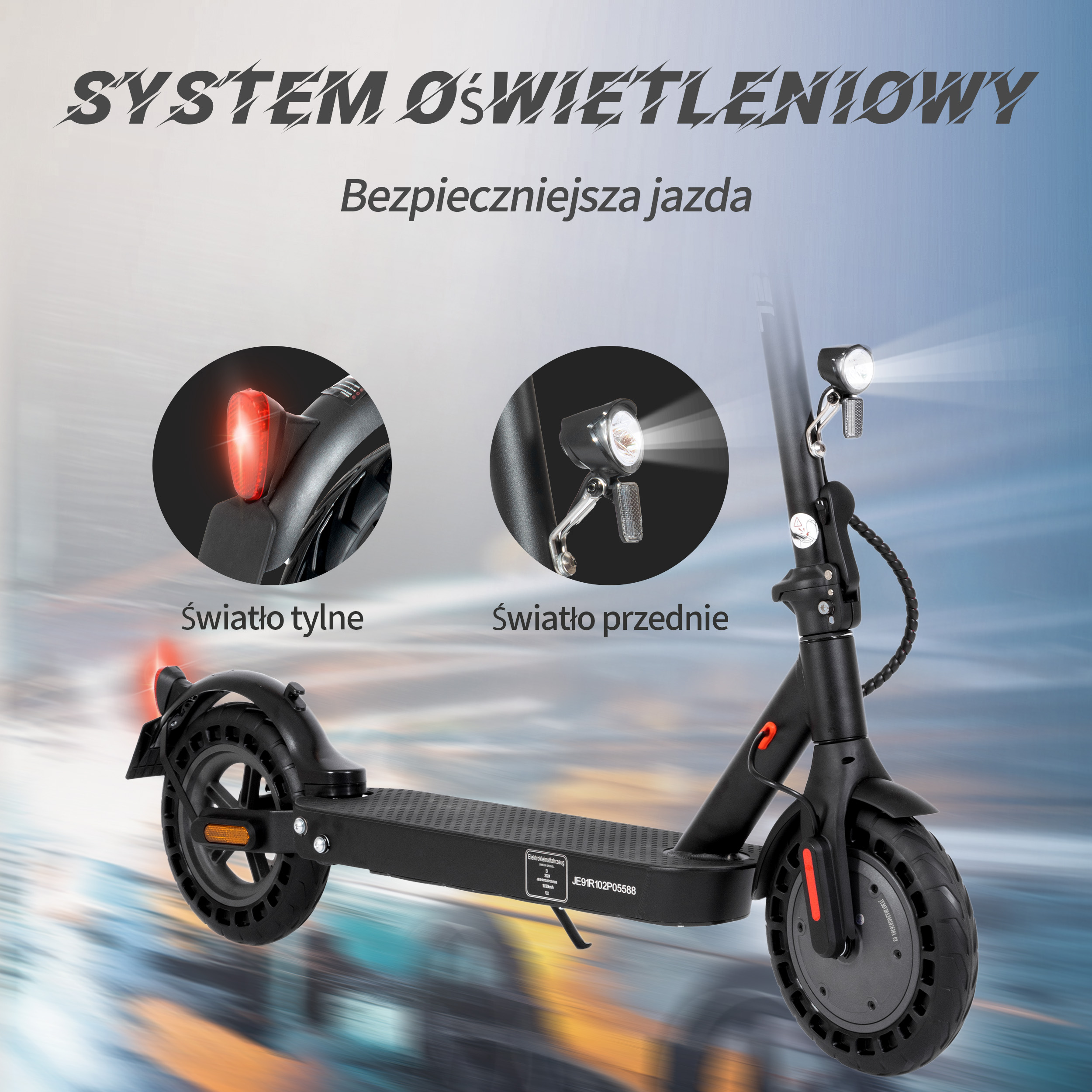 Czarna hulajnoga elektryczna z przednimi i tylnymi światłami. Napis: 'System oswietleniowy' oraz 'Bezpieczniejsza jazda'.