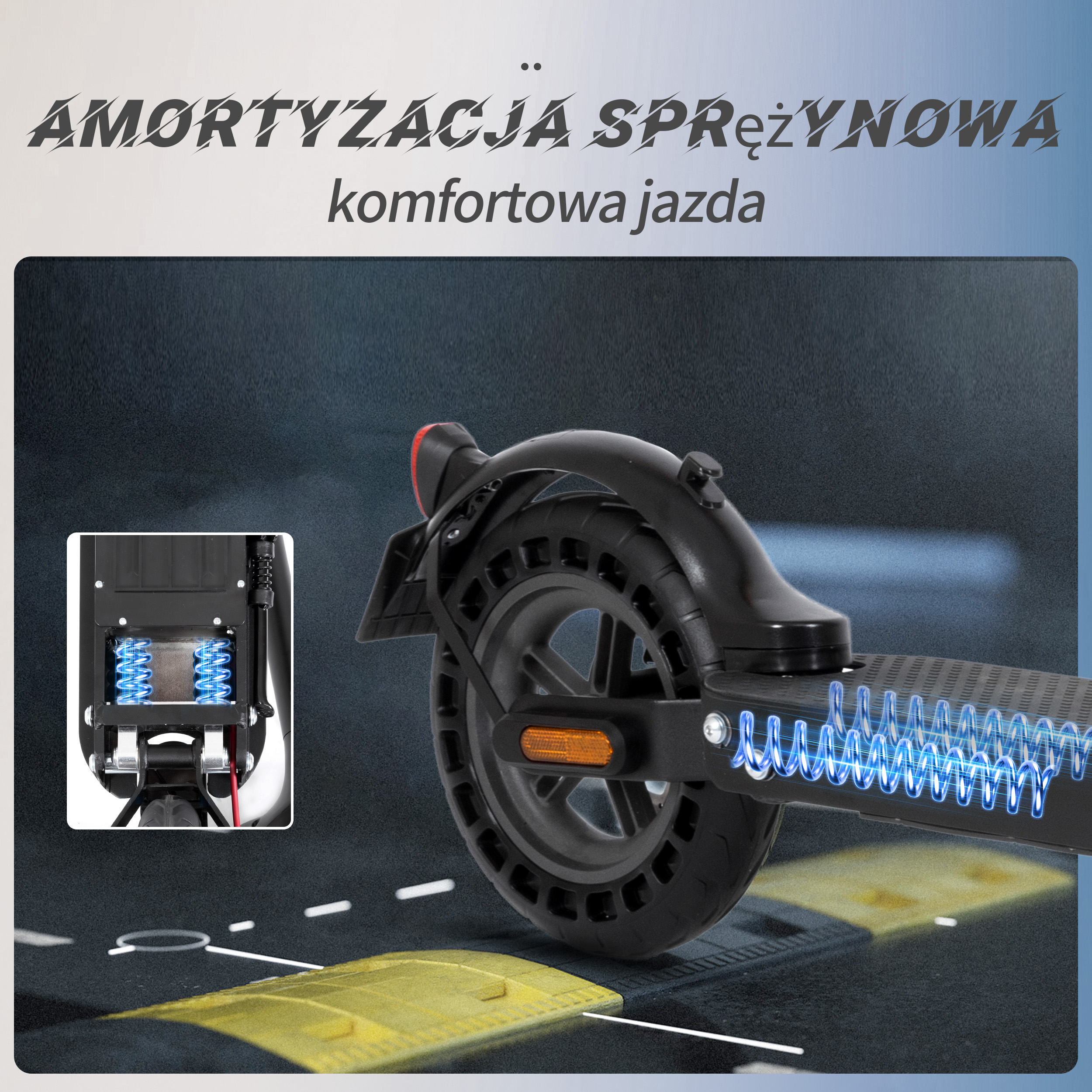 Obrazek przedstawia skuter z zawieszeniem sprężynowym. Tekst mówi 'wygodna jazda'. Mała wstawka pokazuje mechanizm sprężynowy.