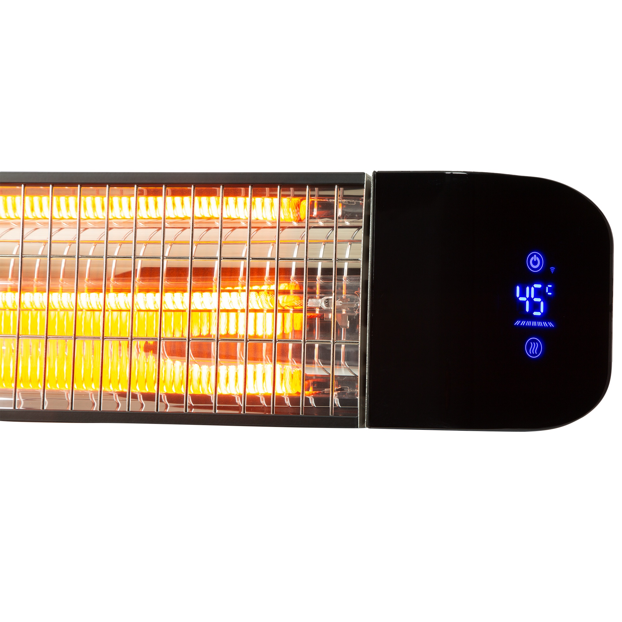 Infrarotheizung. Ein schwarzes, rechteckiges Gerät mit einem glühenden Heizelement. Eine Digitalanzeige zeigt die Temperatur als 45 Grad.