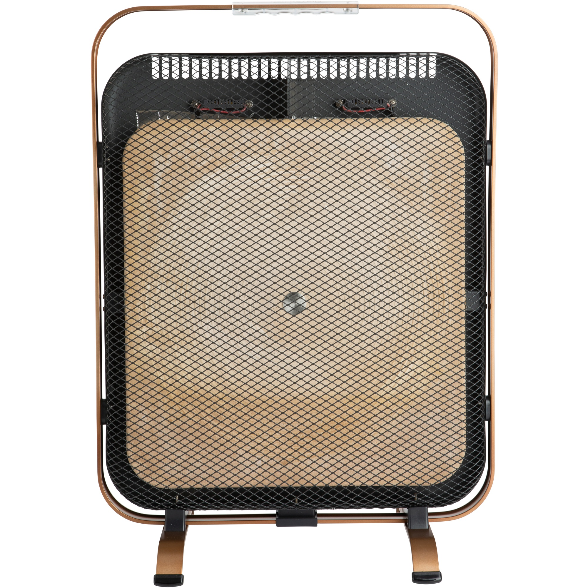 Ein metallischer Ventilator mit einem Maschennetz. Es hat eine Holzplatte hinter dem Netz, einen Griff und zwei Stützbeine.