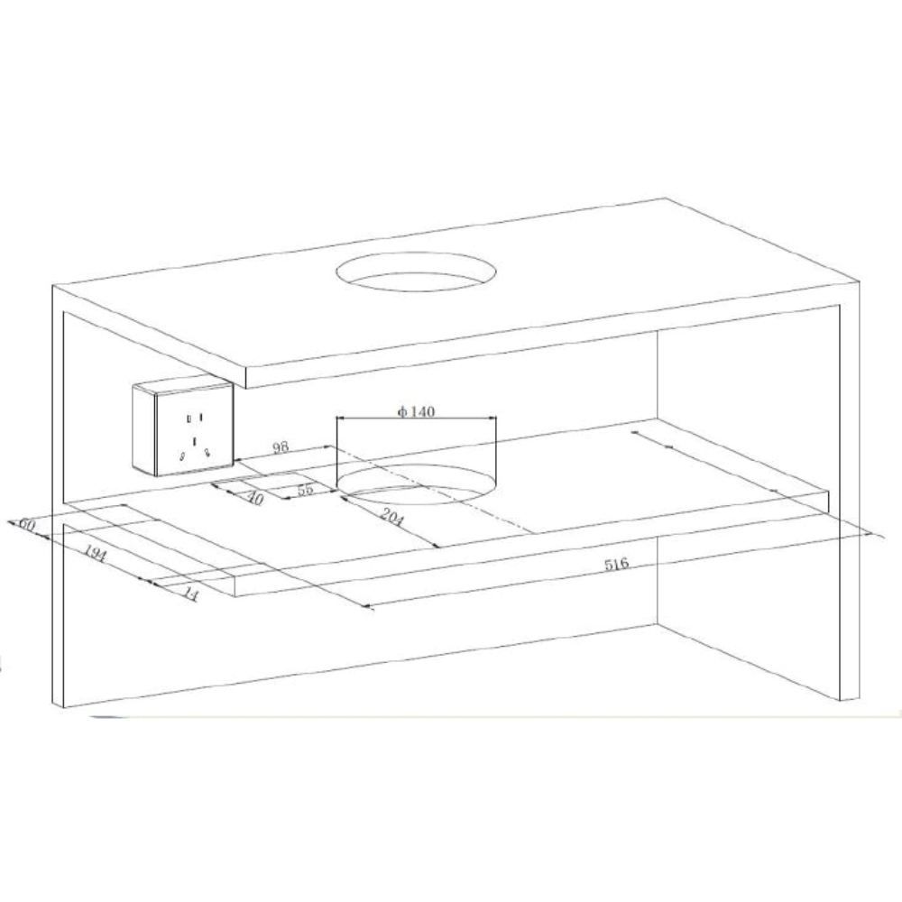 Een isometrische tekening van een kast met afmetingen. Het bevat een cirkelvormig gat, een stopcontact en een onderste plank.