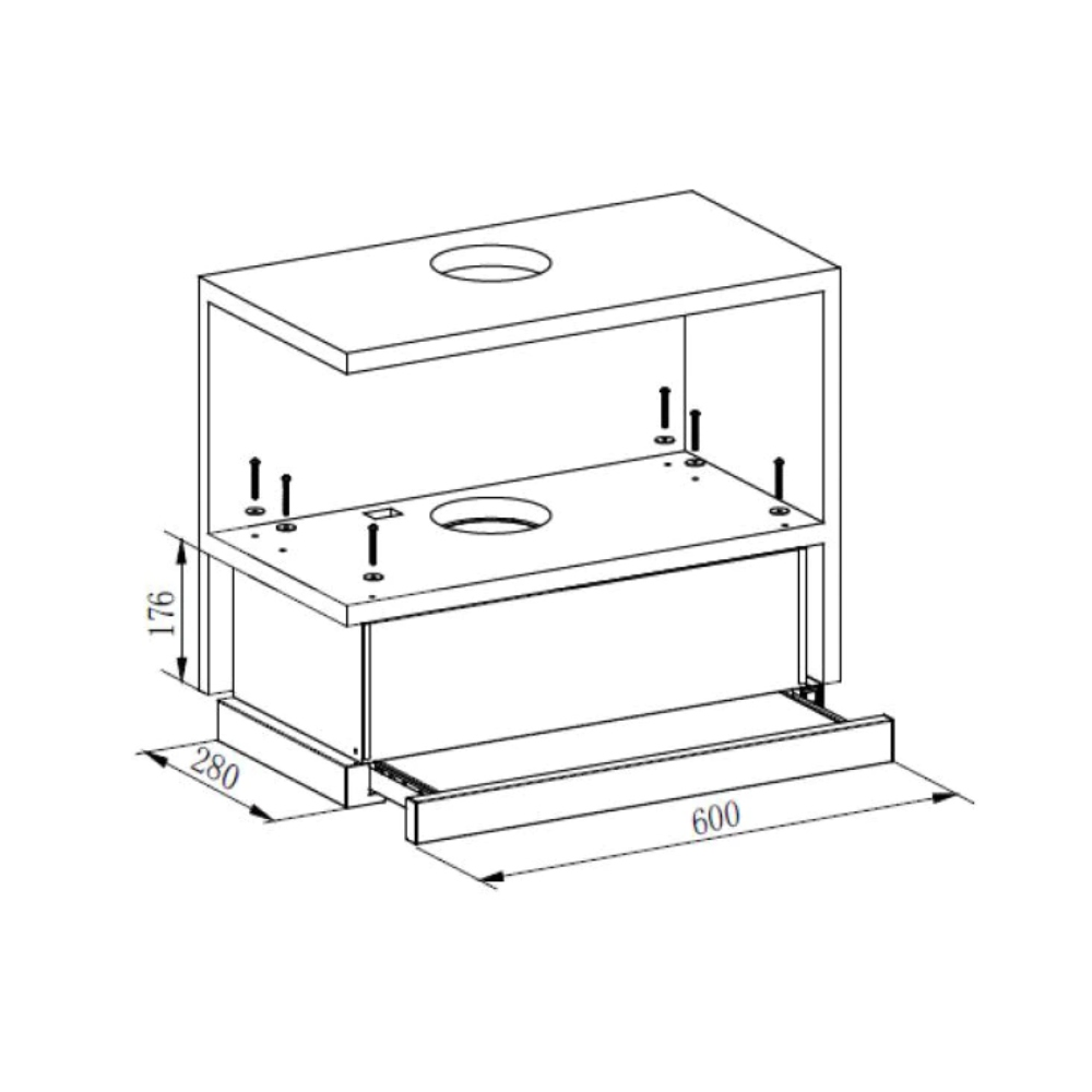 Isometrisch aanzicht van een keukenafzuigkap. Afmetingen zijn aangegeven, waaronder 600 mm, 280 mm en 176 mm. Voorzien van ventilatiegaten en schroeven.